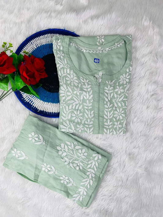 Pool Rayon Cotton Chikankari Kurta Palazzo Set  For Women