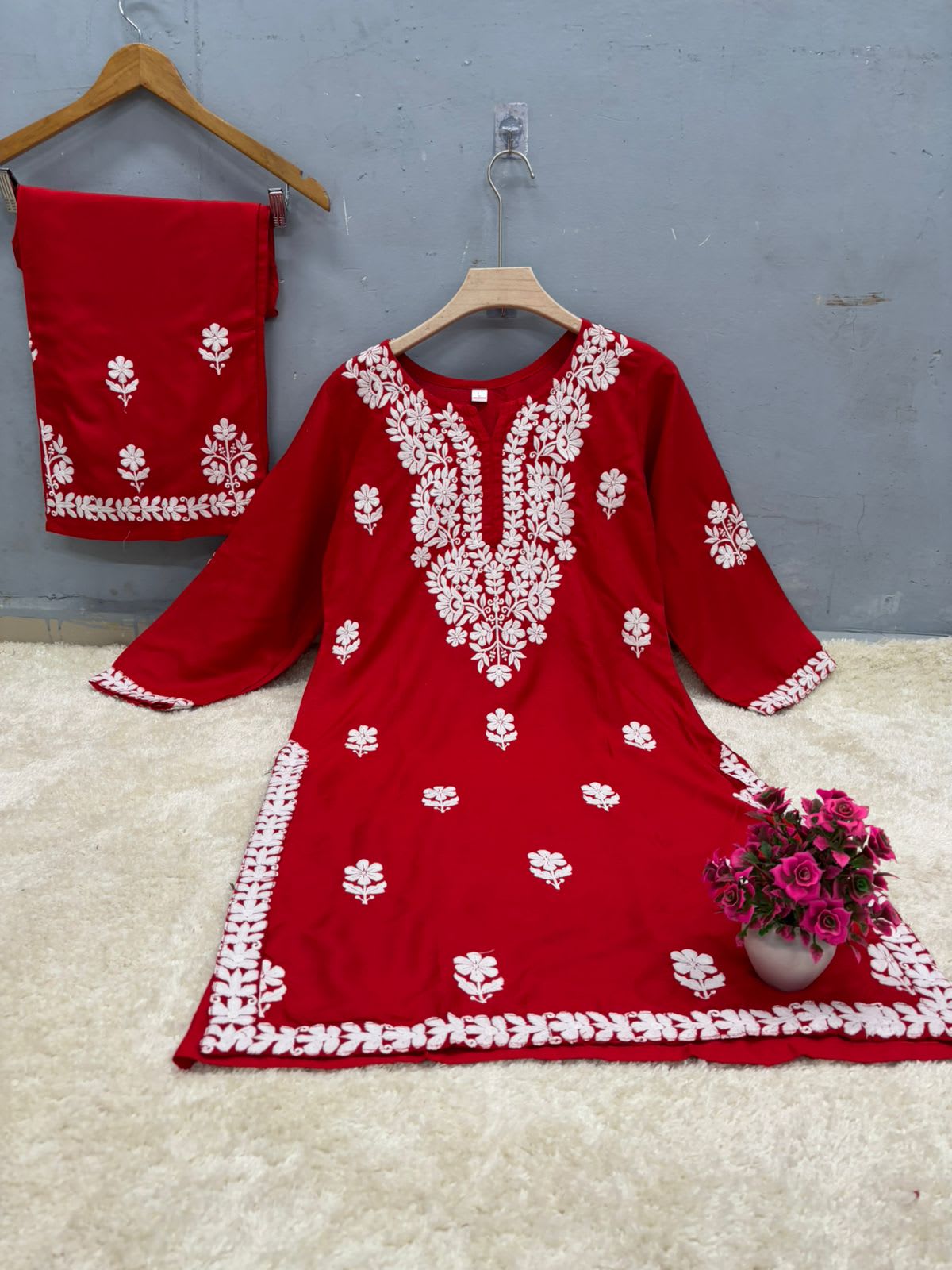 Red Rayon Cotton Chikankari Kurta Palazzo Set  For Women