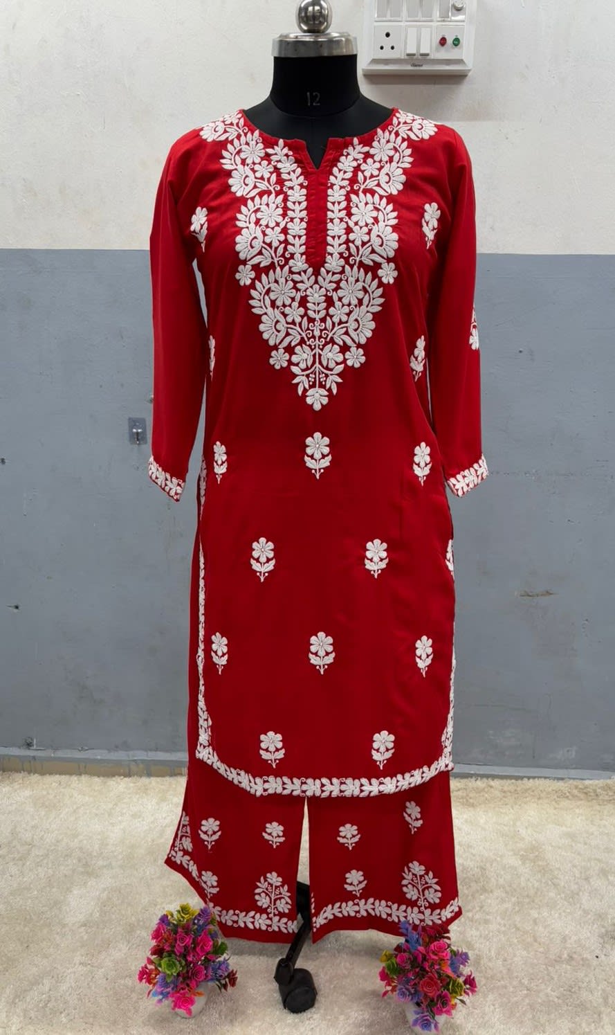 Red Rayon Cotton Chikankari Kurta Palazzo Set  For Women