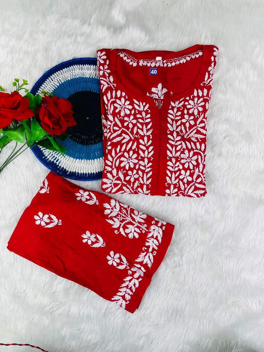 Red Rayon Cotton Chikankari Kurta Palazzo Set  For Women