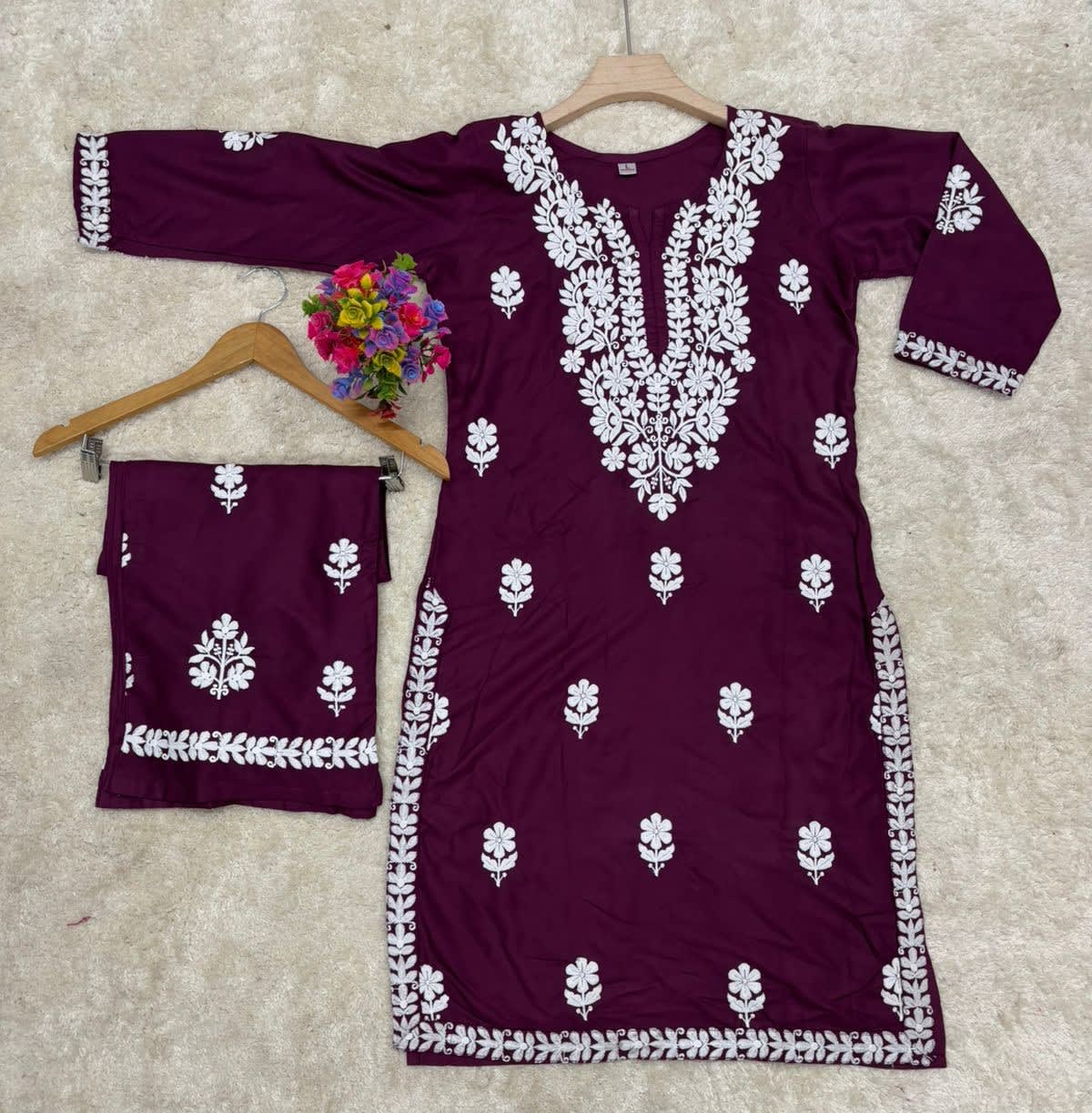 Wine Rayon Cotton Chikankari Kurta Palazzo Set  For Women