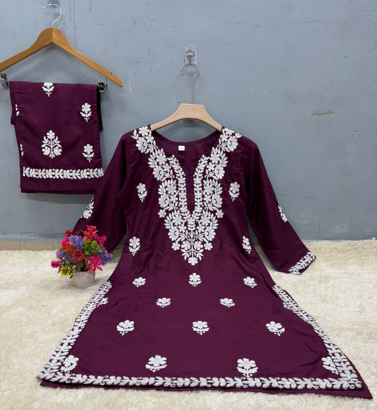 Wine Rayon Cotton Chikankari Kurta Palazzo Set  For Women