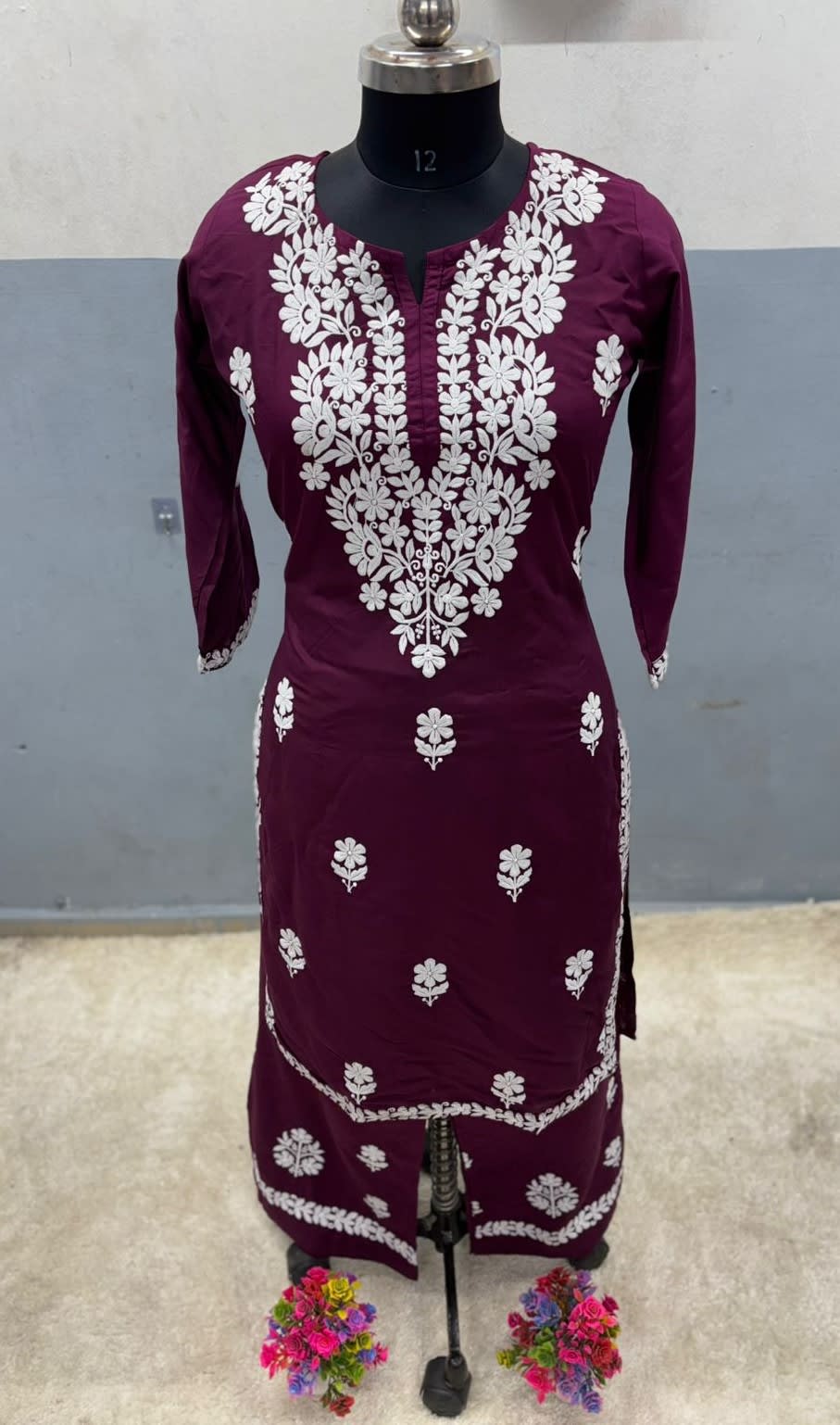 Wine Rayon Cotton Chikankari Kurta Palazzo Set  For Women