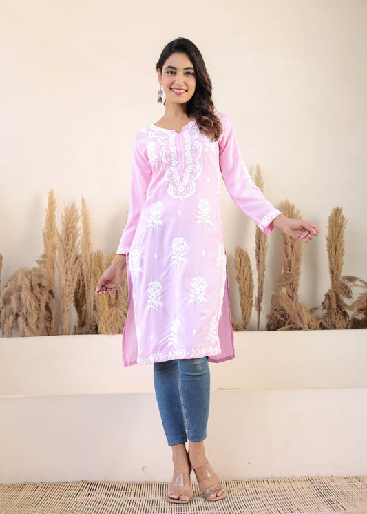 Baby Pink Chikan Embroidery Cotton Rayon Straight Kurta For Women
