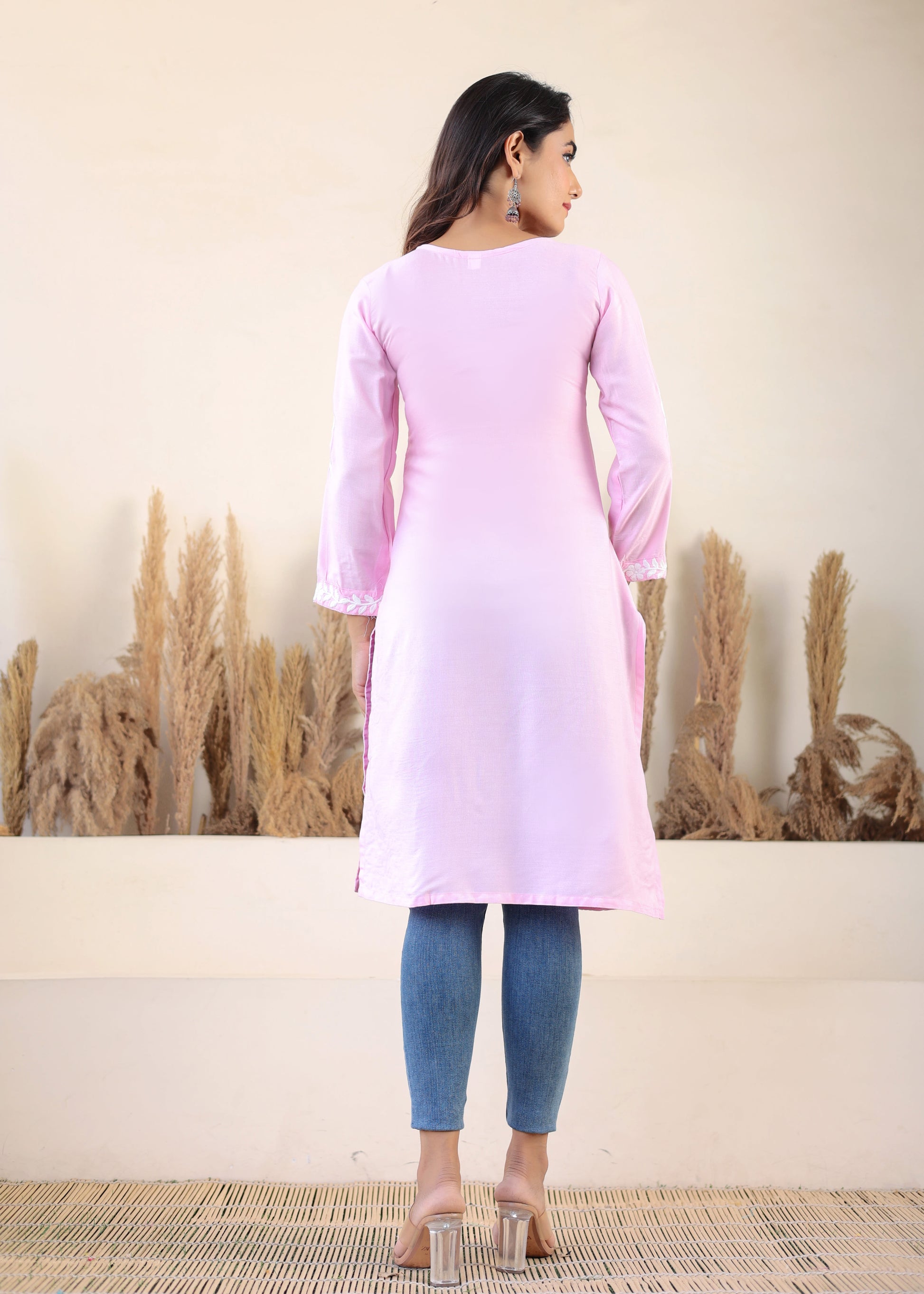 Baby Pink Chikan Embroidery Cotton Rayon Straight Kurta For Women