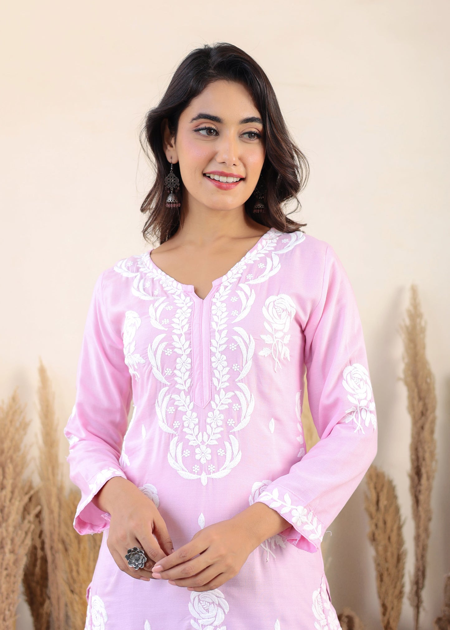 Baby Pink Chikan Embroidery Cotton Rayon Straight Kurta For Women