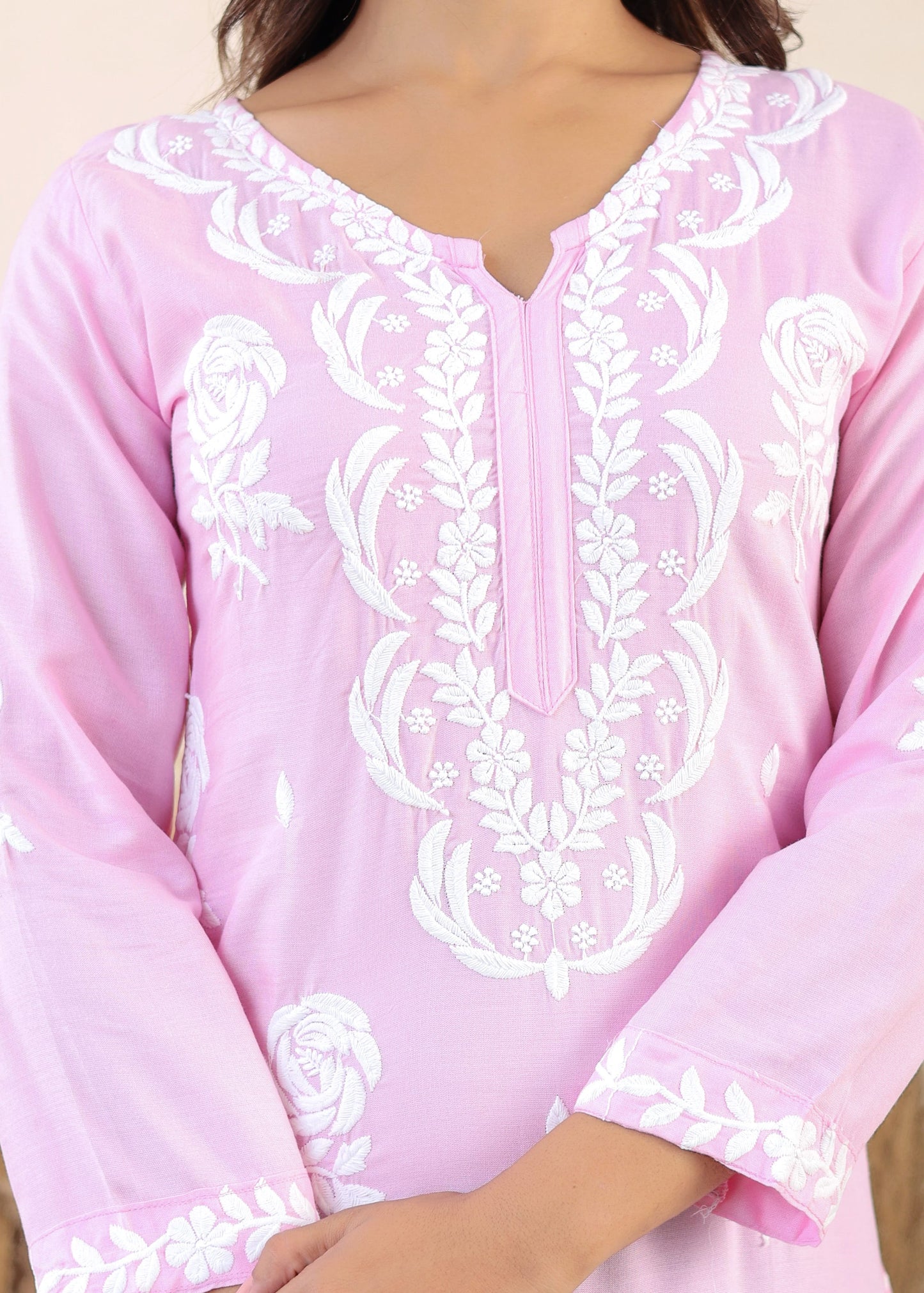 Baby Pink Chikan Embroidery Cotton Rayon Straight Kurta For Women