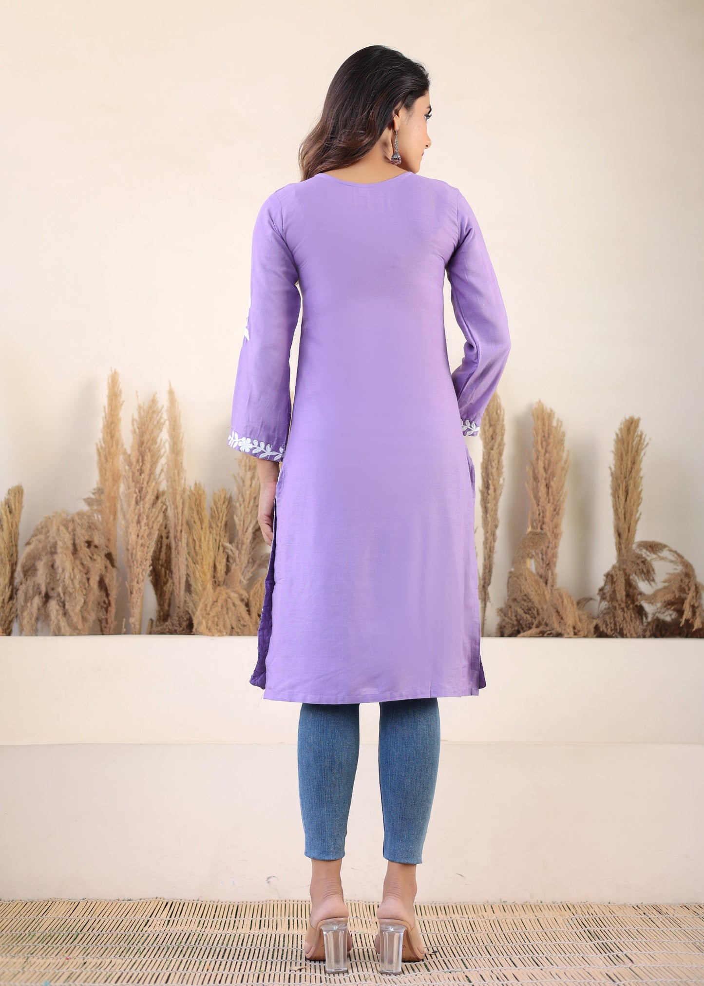 Light Purple Chikan Embroidery Cotton Rayon Straight Kurta For Women