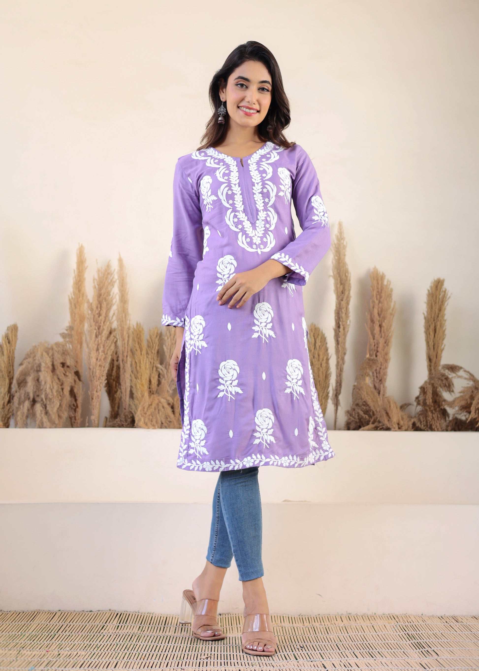 Light Purple Chikan Embroidery Cotton Rayon Straight Kurta For Women