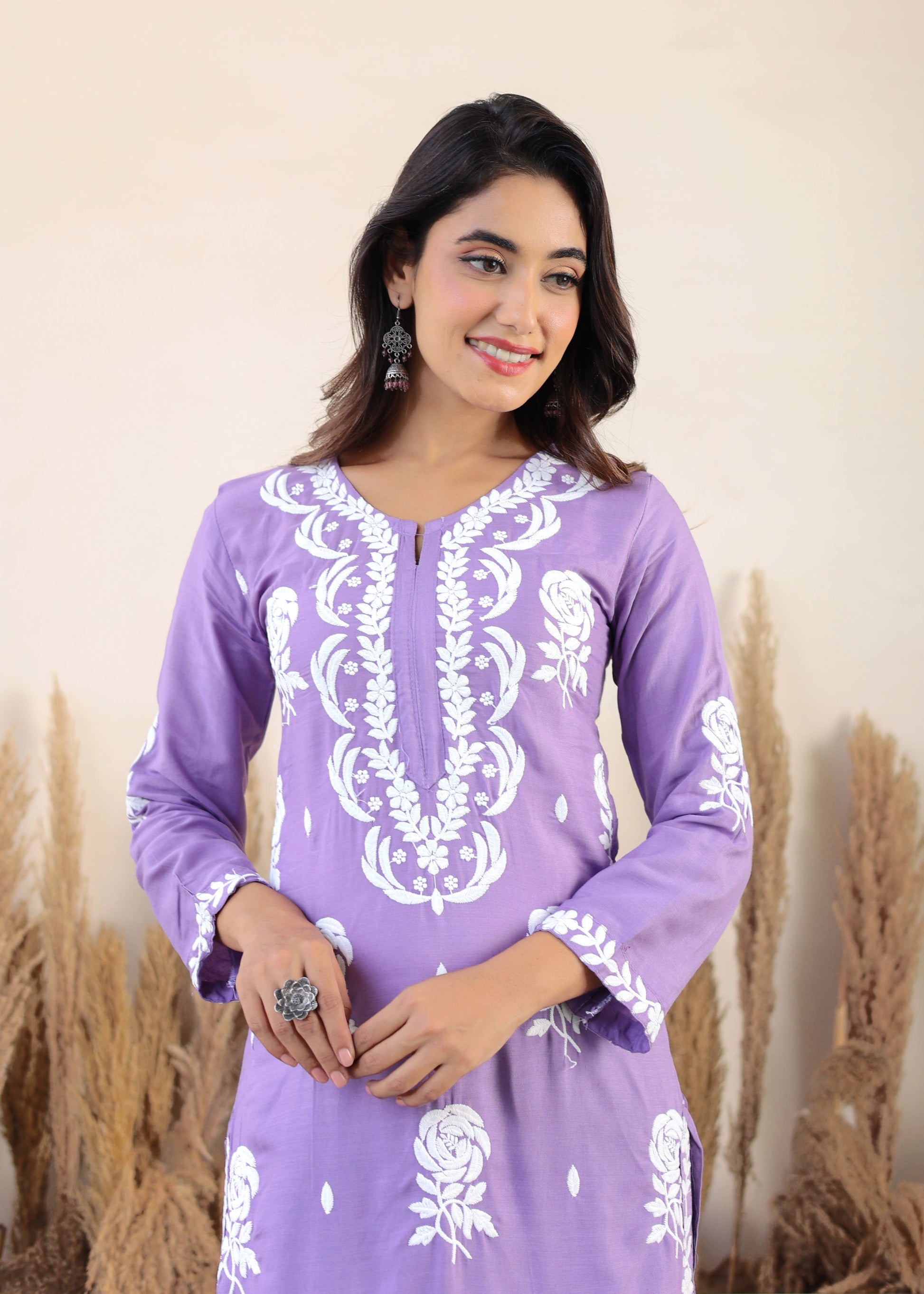 Light Purple Chikan Embroidery Cotton Rayon Straight Kurta For Women