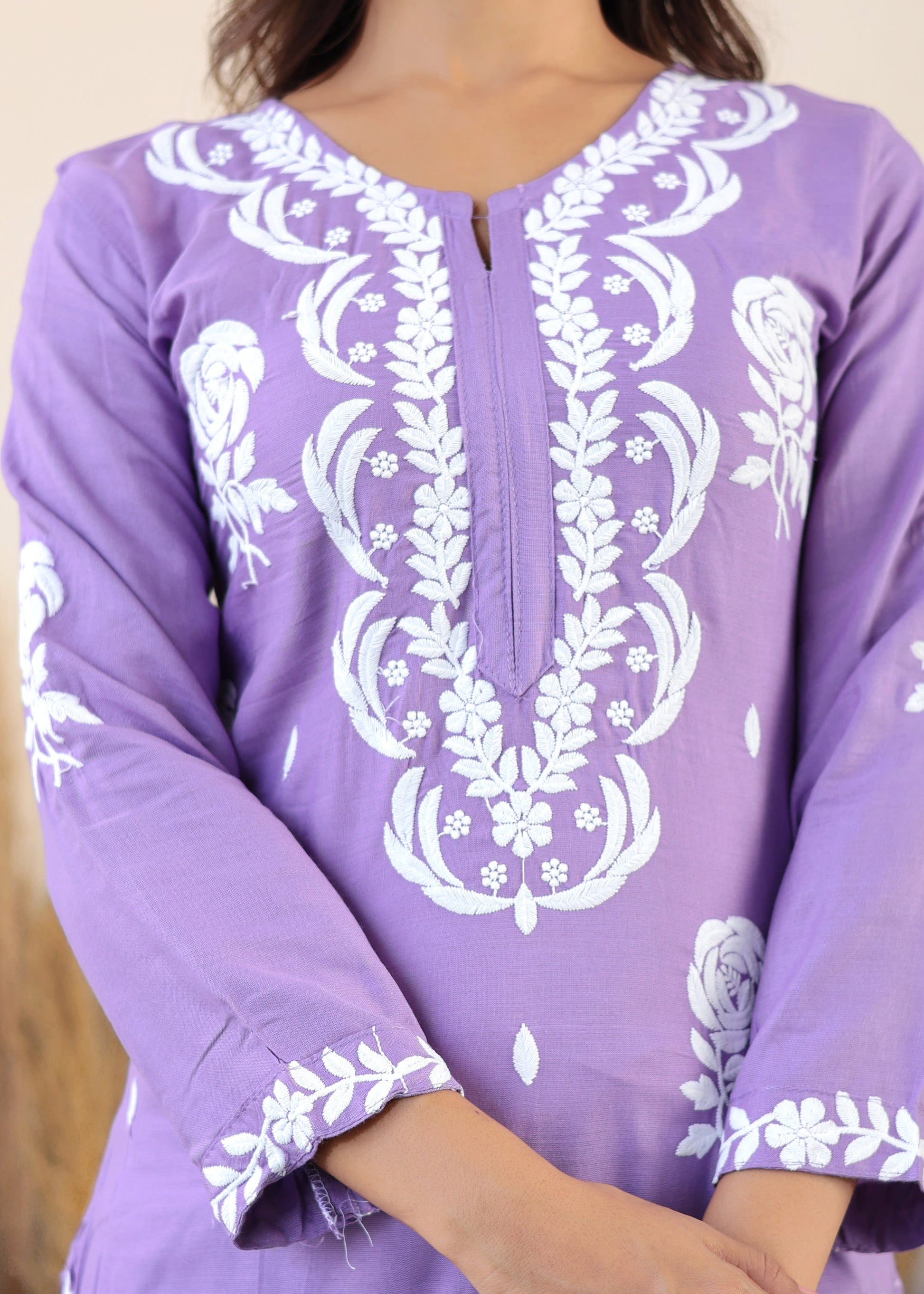 Light Purple Chikan Embroidery Cotton Rayon Straight Kurta For Women
