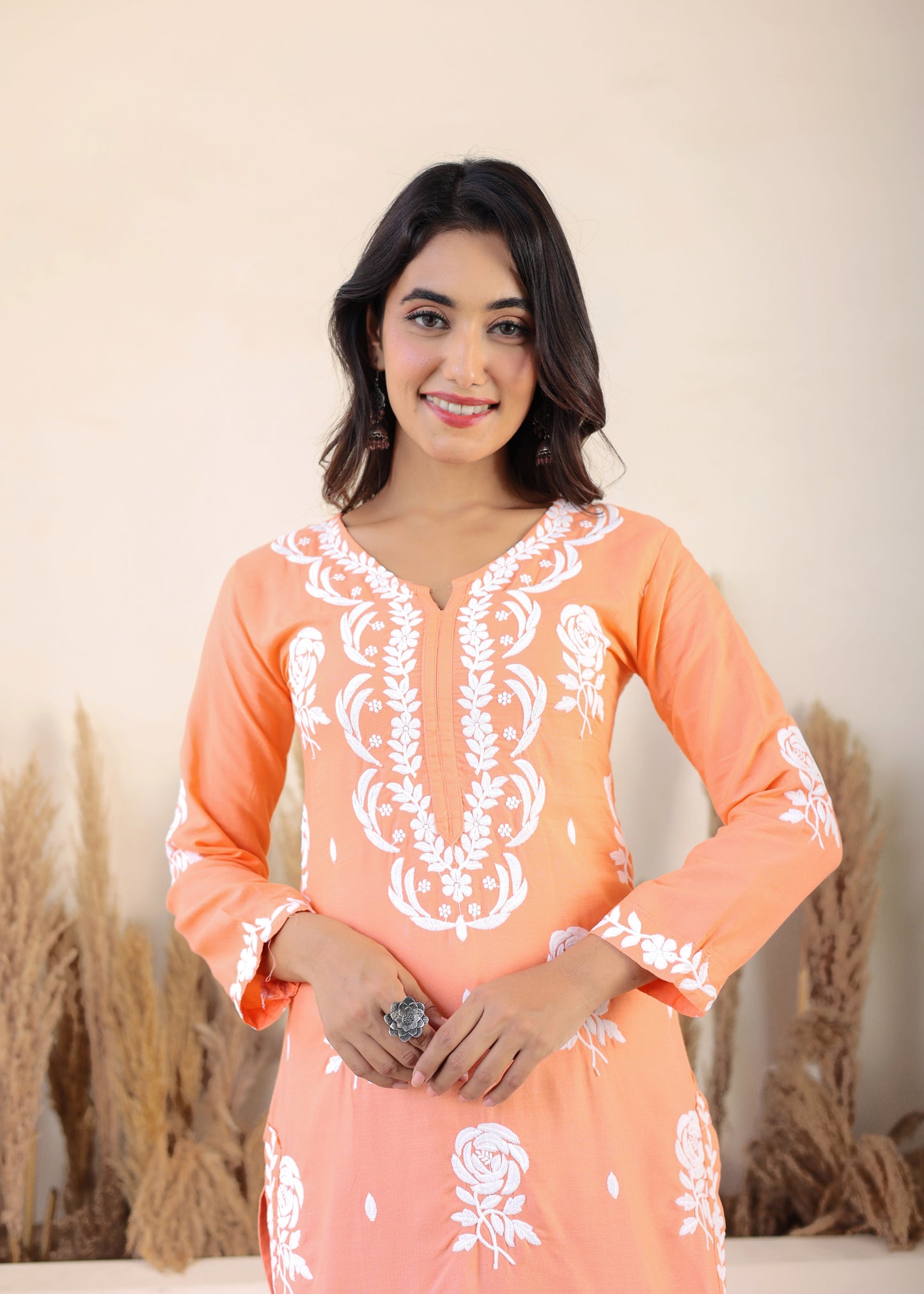 Peach Chikan Embroidery Cotton Rayon Straight Kurta For Women