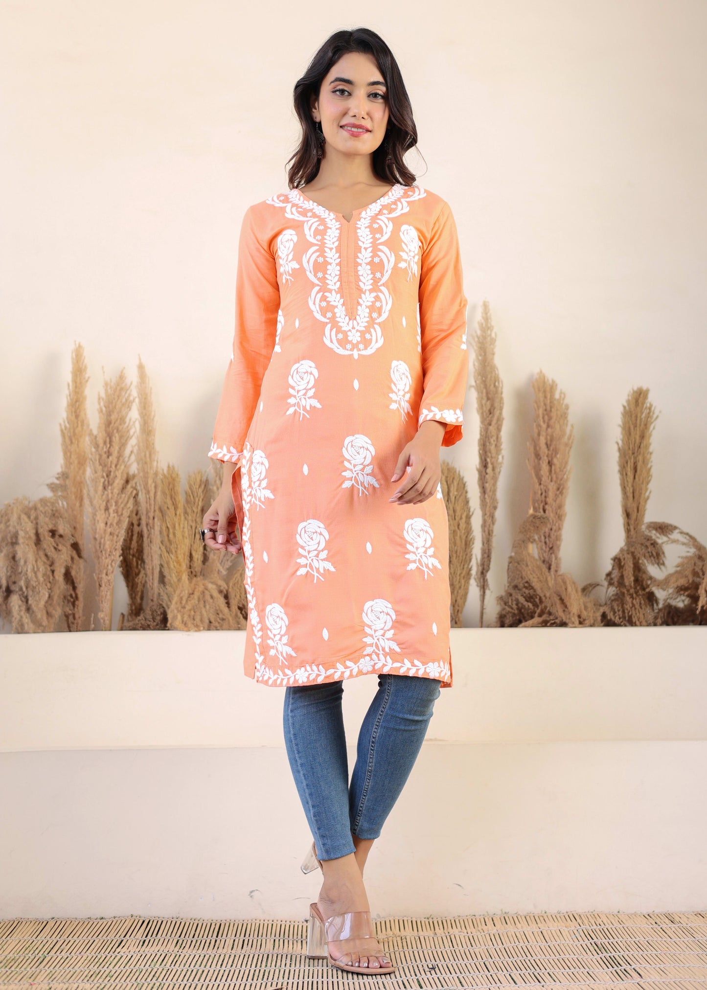 Peach Chikan Embroidery Cotton Rayon Straight Kurta For Women