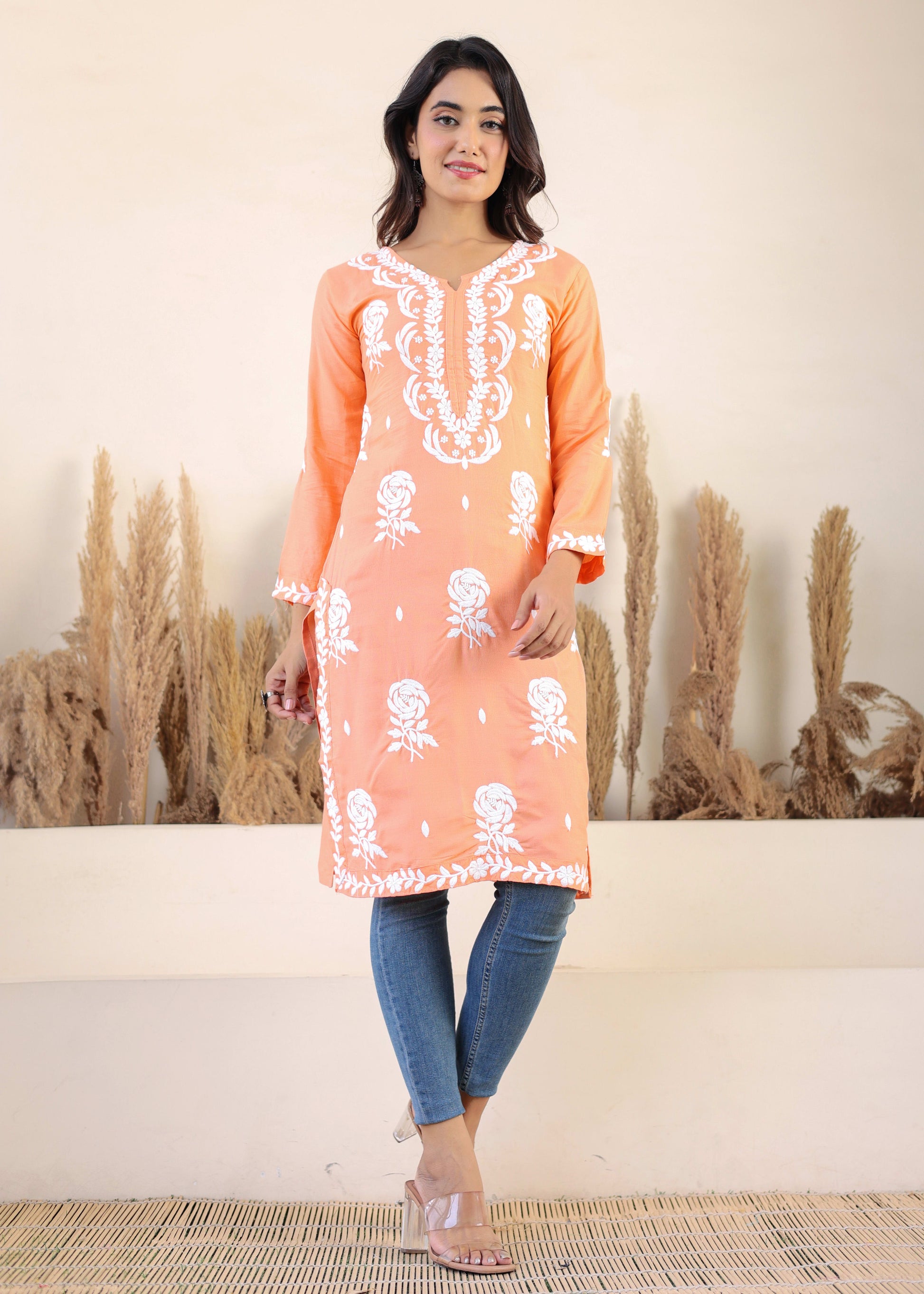 Peach Chikan Embroidery Cotton Rayon Straight Kurta For Women