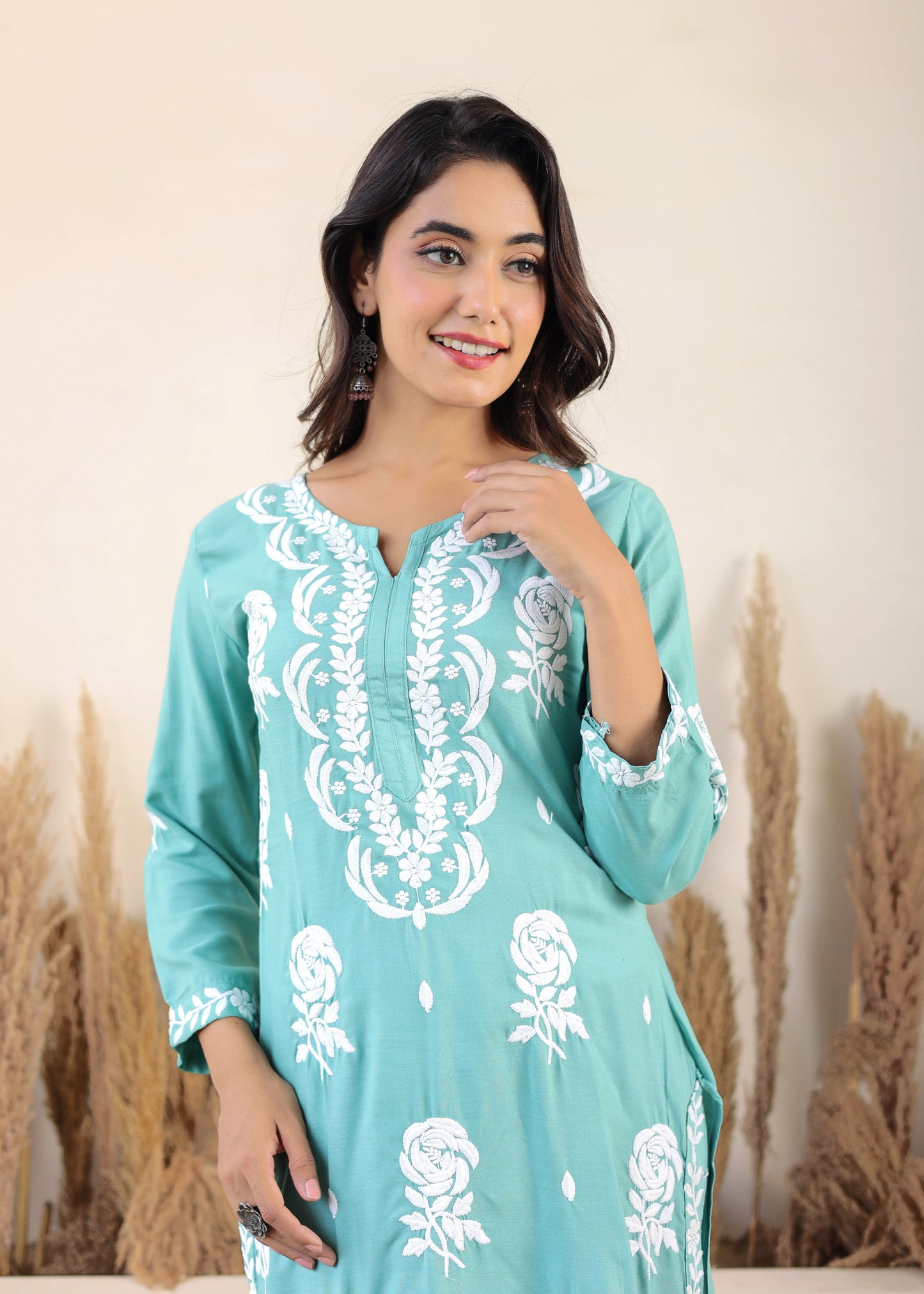 Rama Green Chikan Embroidery Cotton Rayon Straight Kurta For Women
