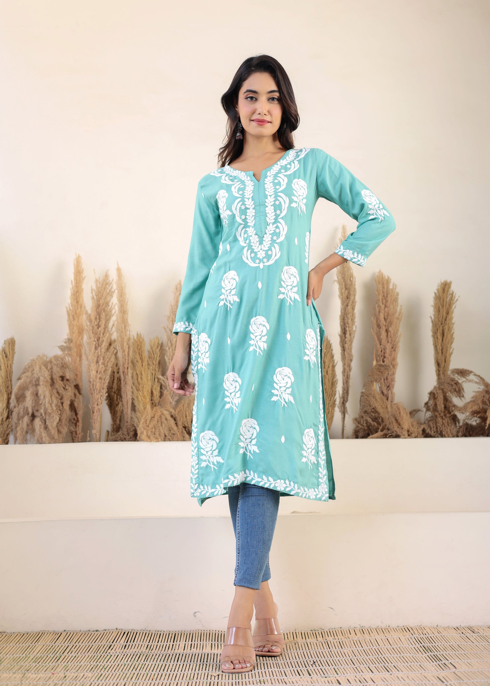 Rama Green Chikan Embroidery Cotton Rayon Straight Kurta For Women
