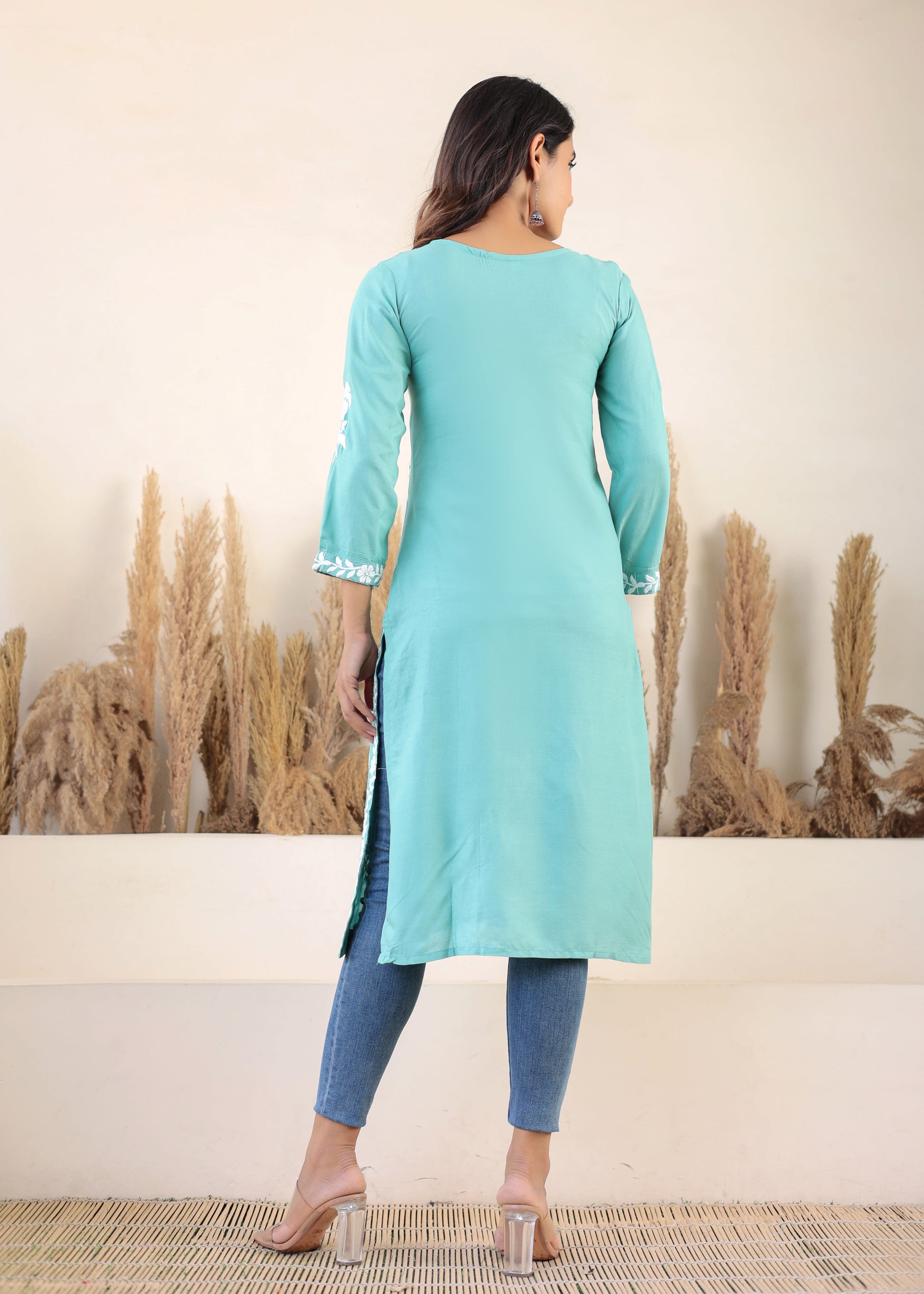 Rama Green Chikan Embroidery Cotton Rayon Straight Kurta For Women
