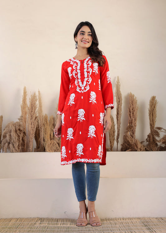 Red Chikan Embroidery Cotton Rayon Straight Kurta For Women
