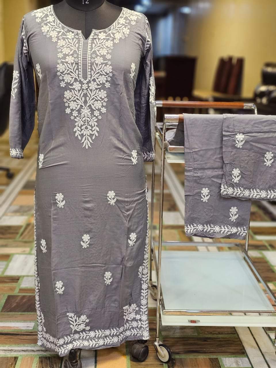 GREY Chikankari Kurti Set online at best price