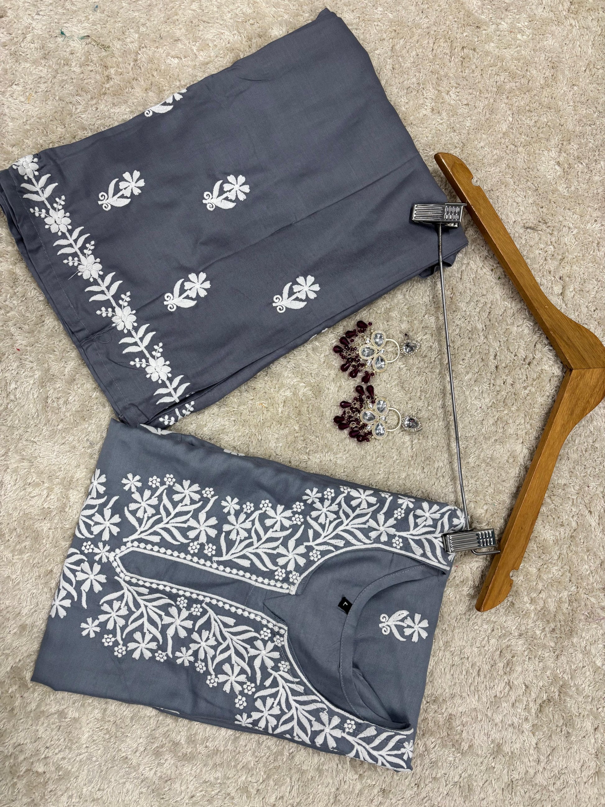 GREY Chikankari Kurti Set online at best price