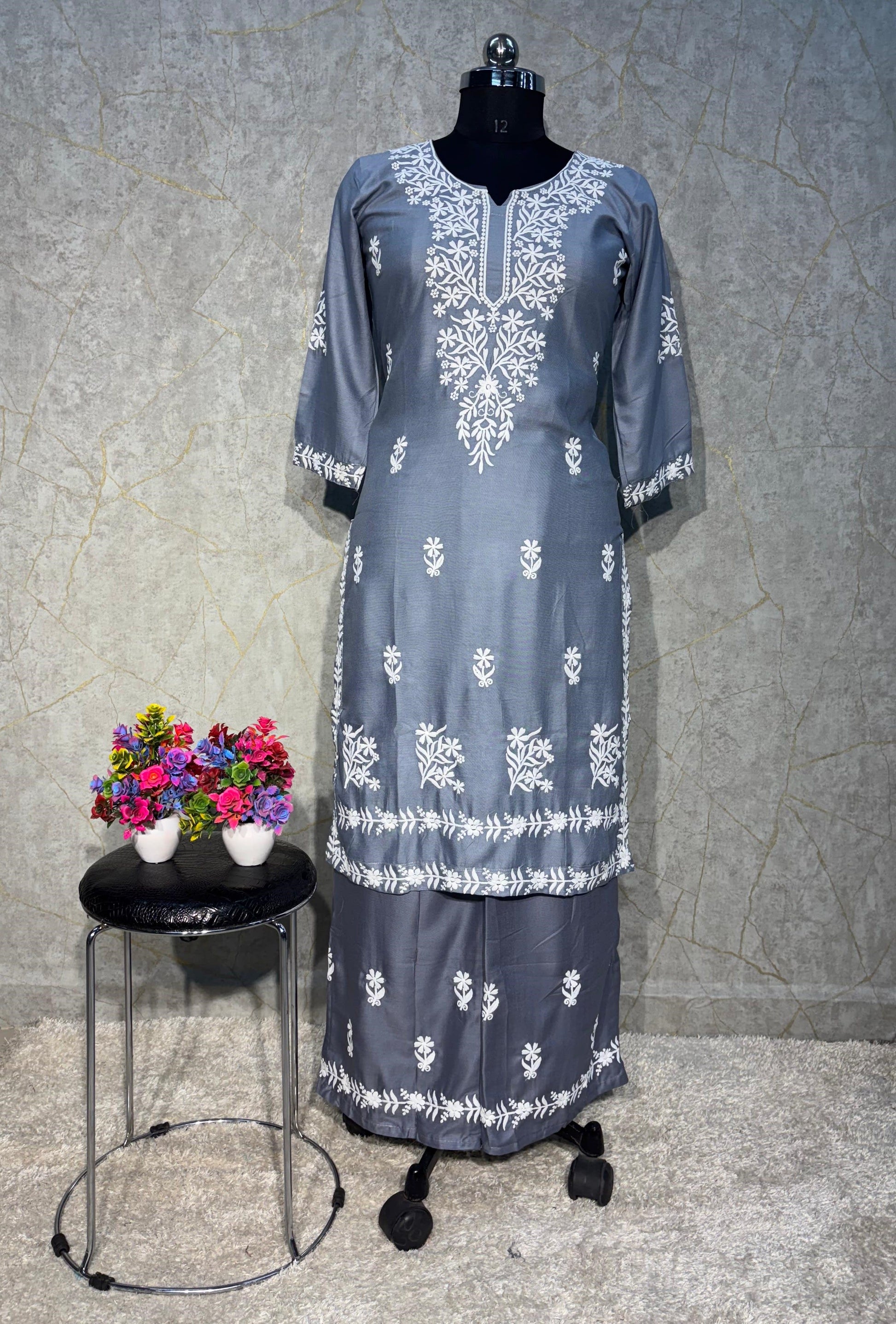 GREY Chikankari Kurti Set online at best price