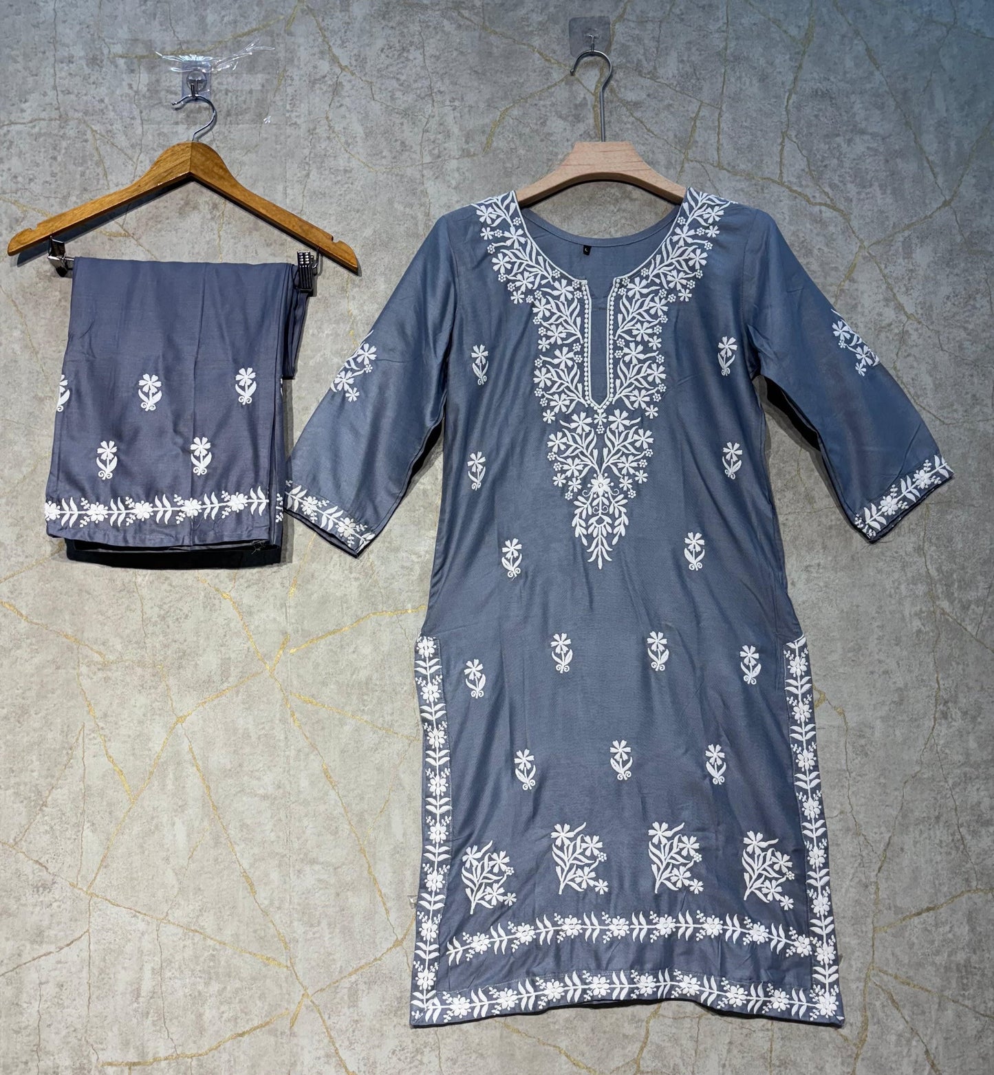 GREY Chikankari Kurti Set online at best price