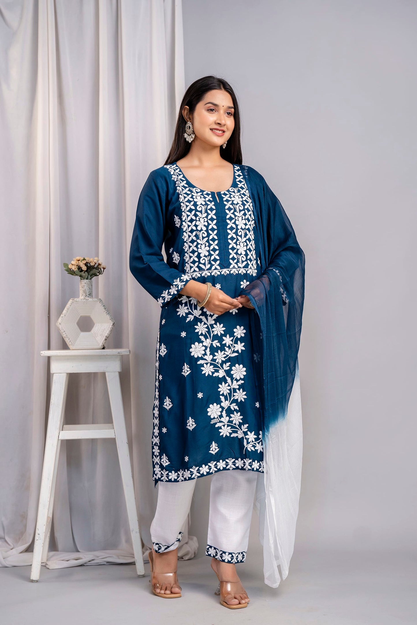 D BLUE Elegant Embroidered Kurta Set with Dupatta for Women