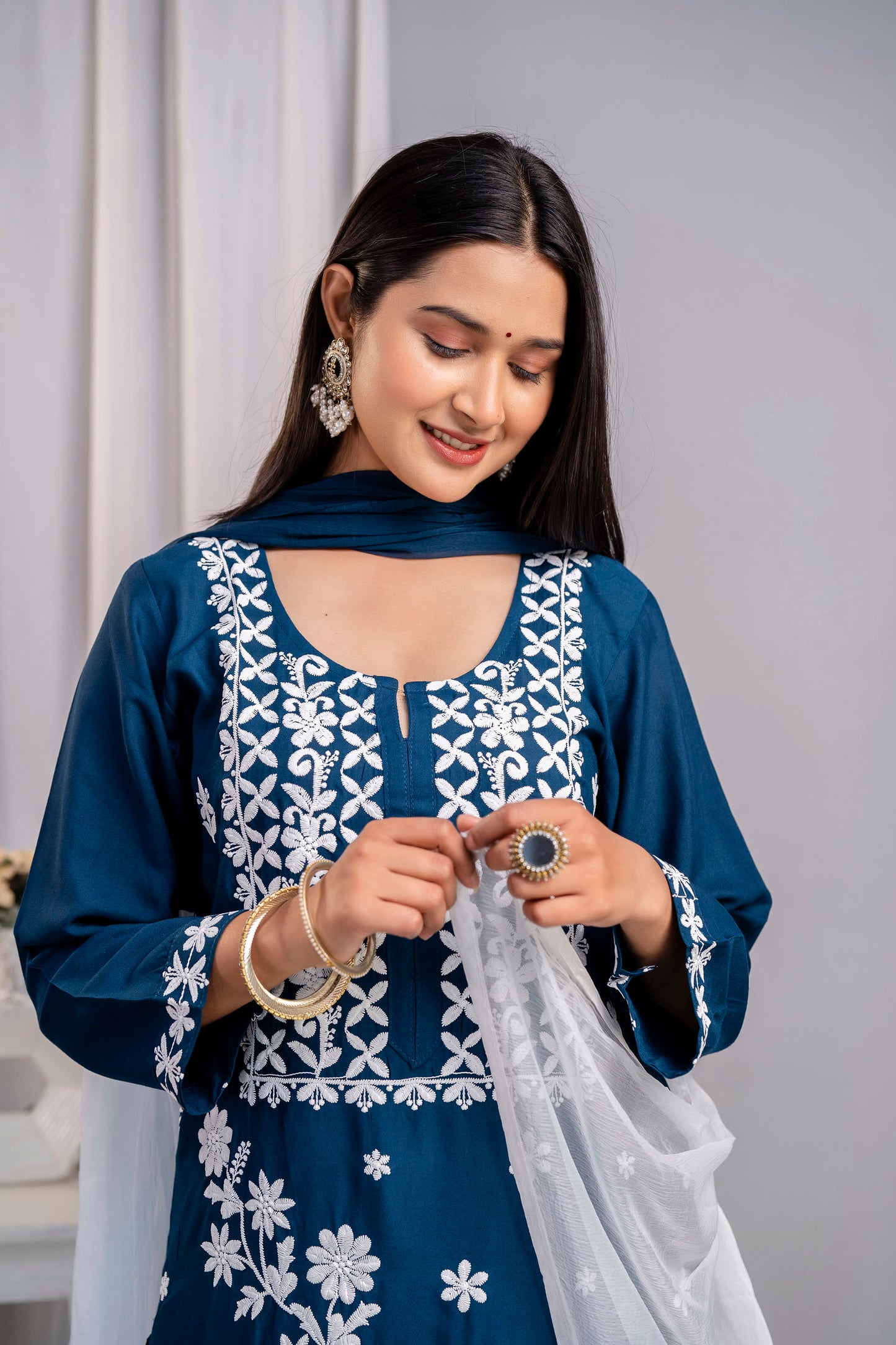 D BLUE Elegant Embroidered Kurta Set with Dupatta for Women