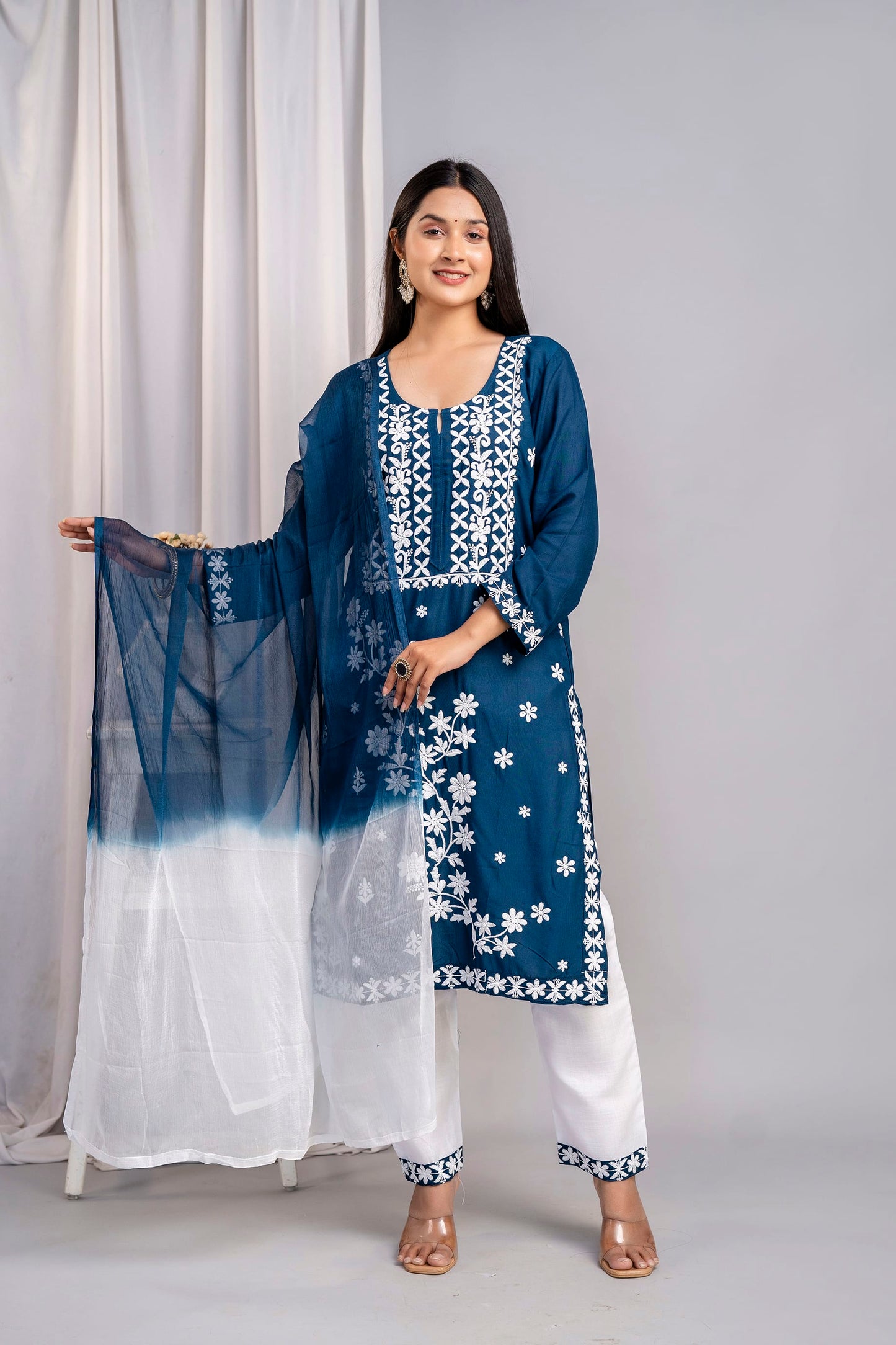 D BLUE Elegant Embroidered Kurta Set with Dupatta for Women