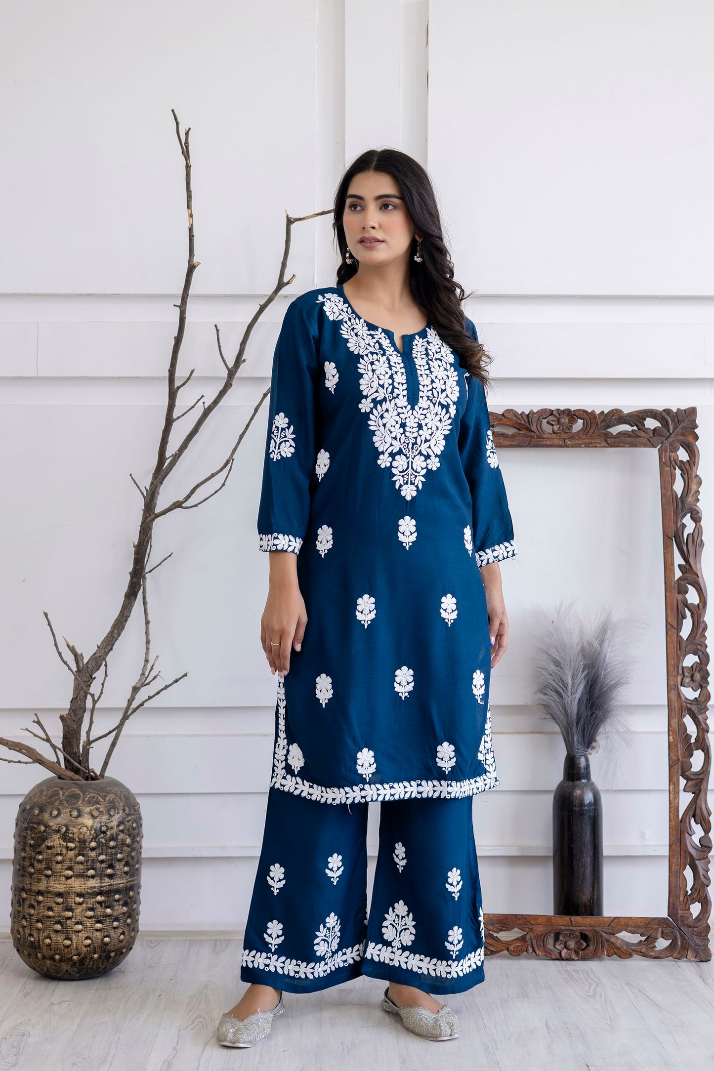 D BLUE  Women Rayon Embroidered Kurta Set