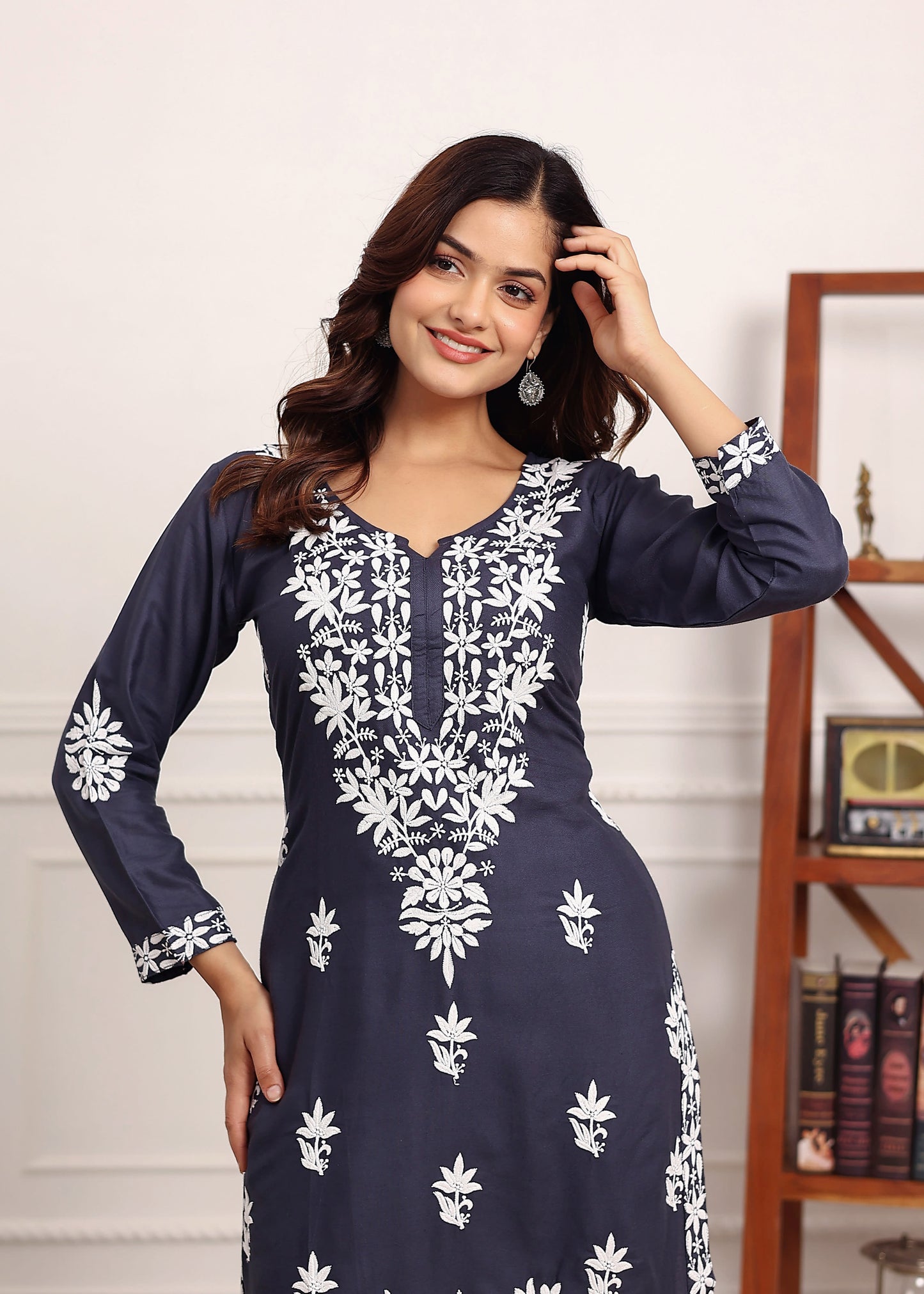 D GREY Elegant Chikankari Below Knee Length Kurti Plazo Set Perfect For All Occasion