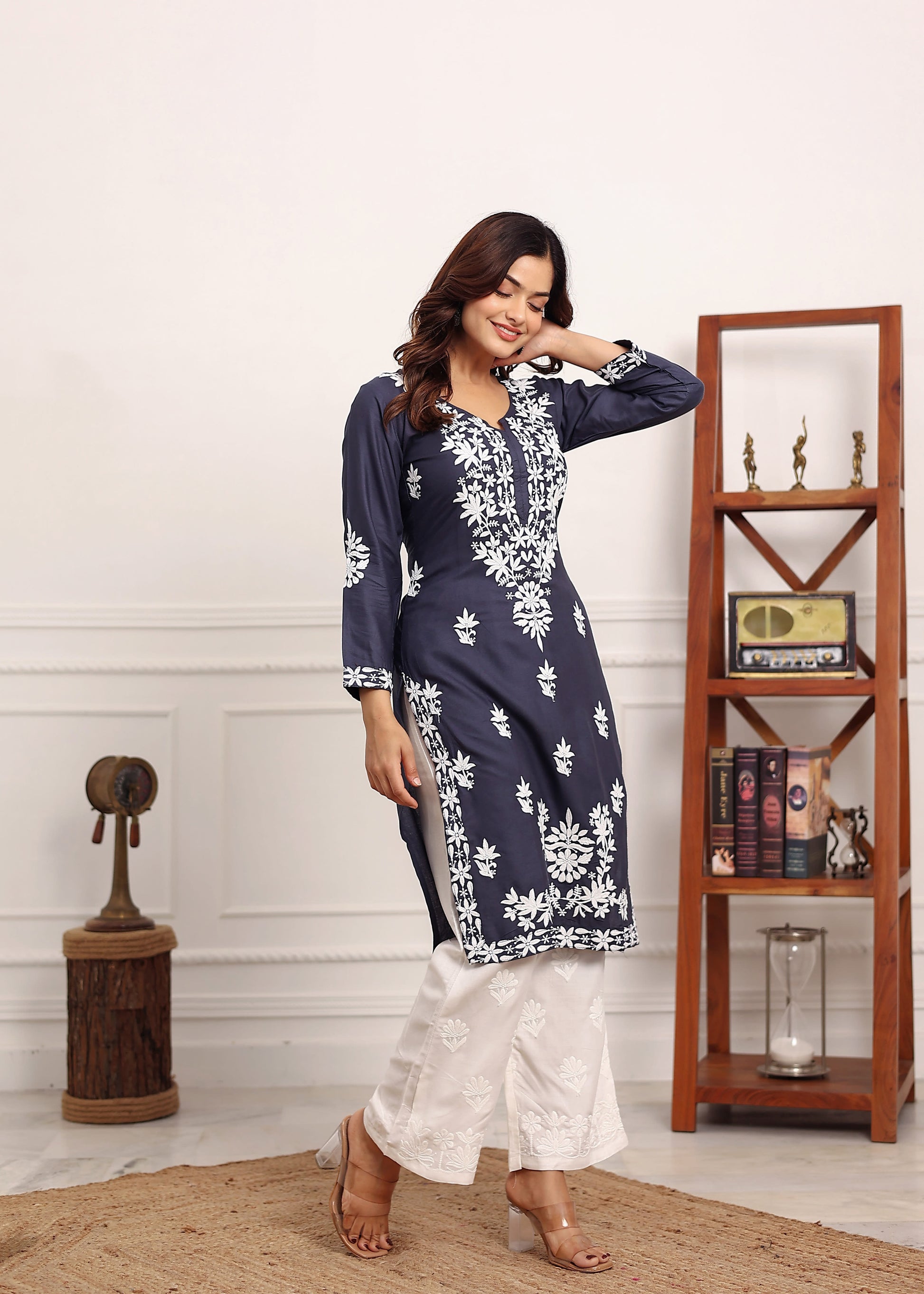 D GREY Elegant Chikankari Below Knee Length Kurti Plazo Set Perfect For All Occasion
