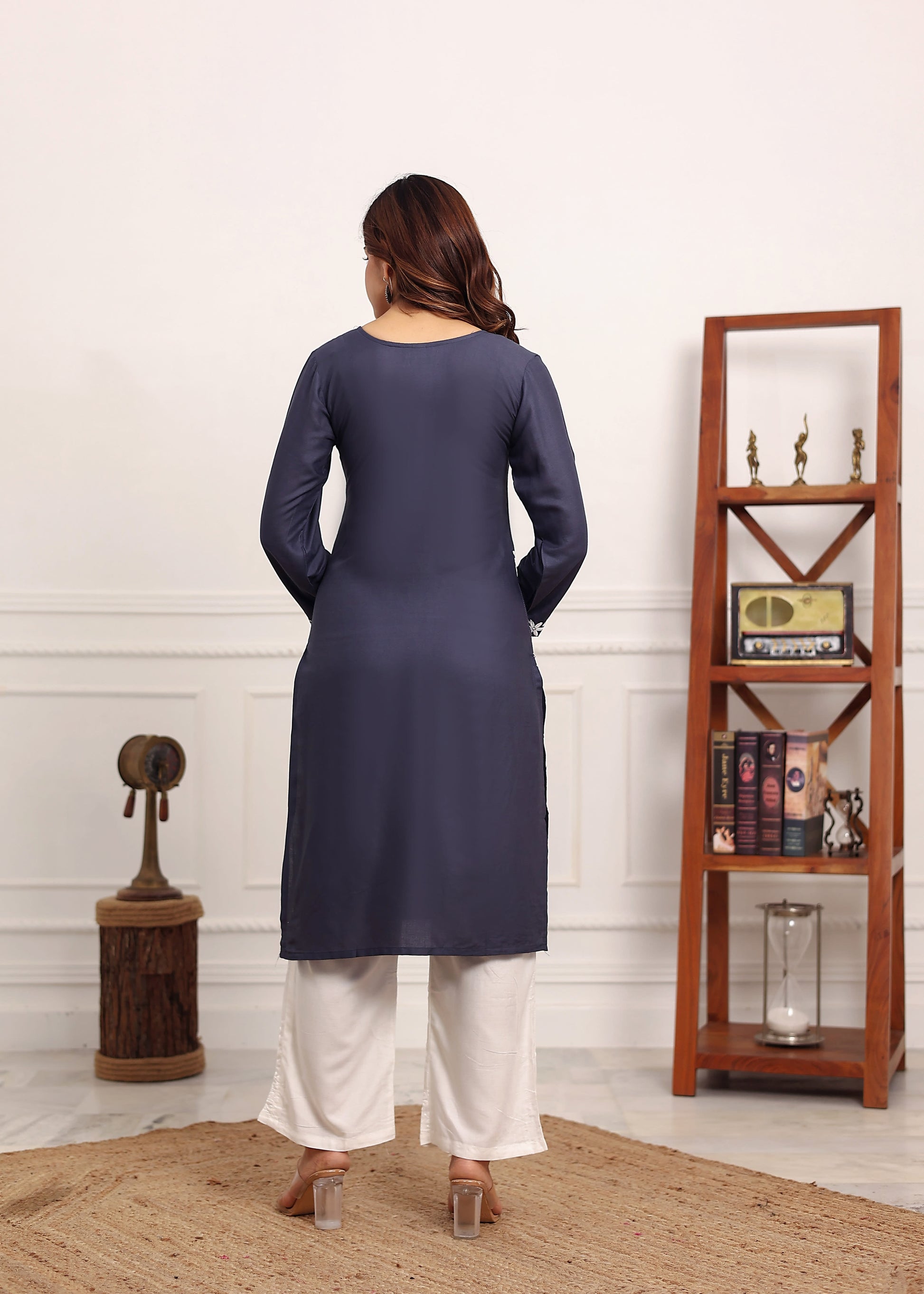 D GREY Elegant Chikankari Below Knee Length Kurti Plazo Set Perfect For All Occasion