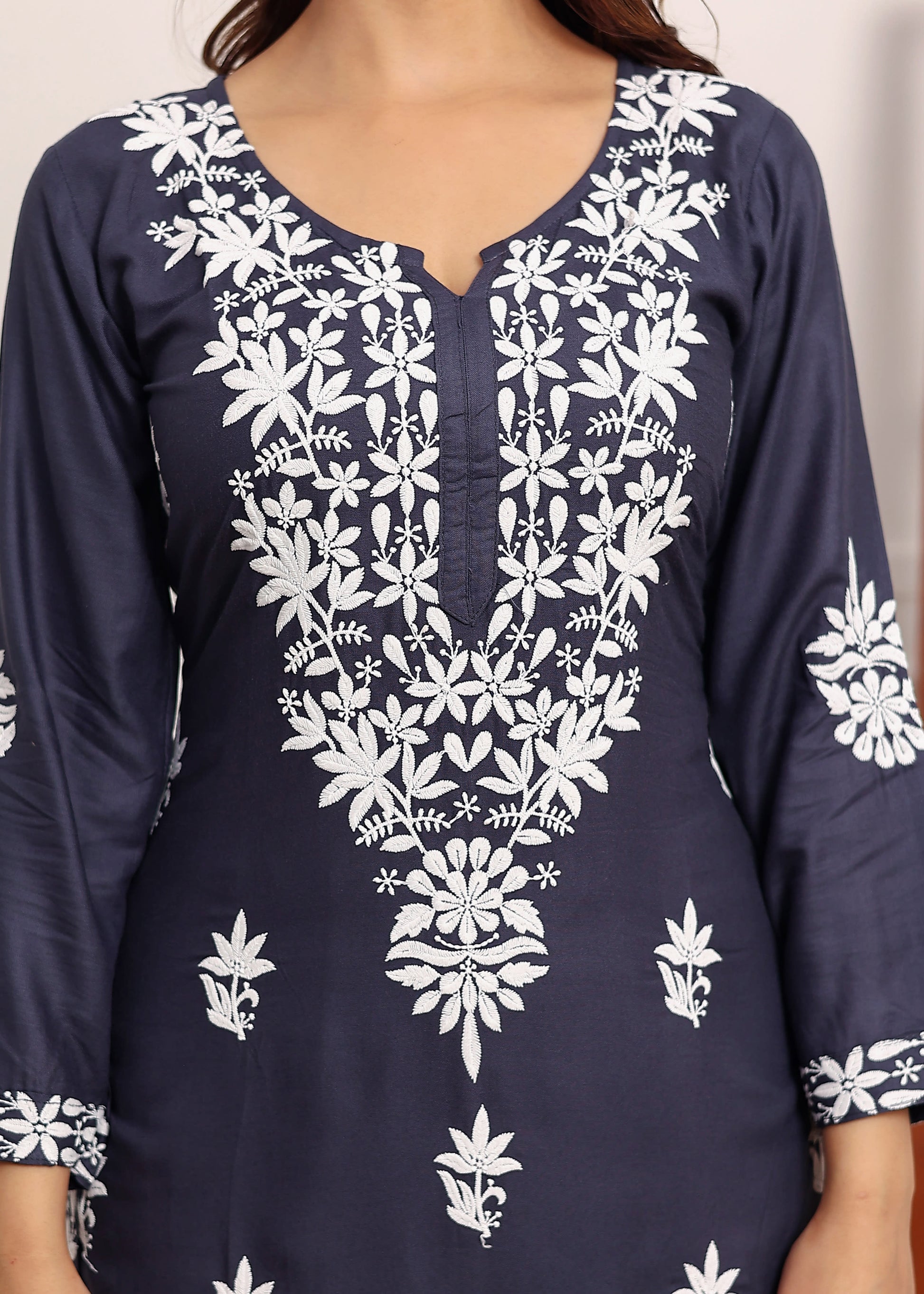 D GREY Elegant Chikankari Below Knee Length Kurti Plazo Set Perfect For All Occasion