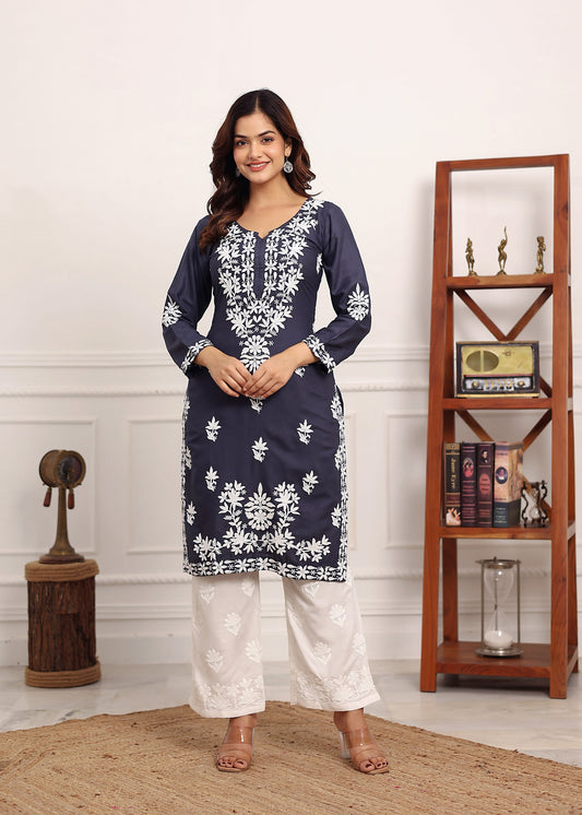 D GREY Elegant Chikankari Below Knee Length Kurti Plazo Set Perfect For All Occasion