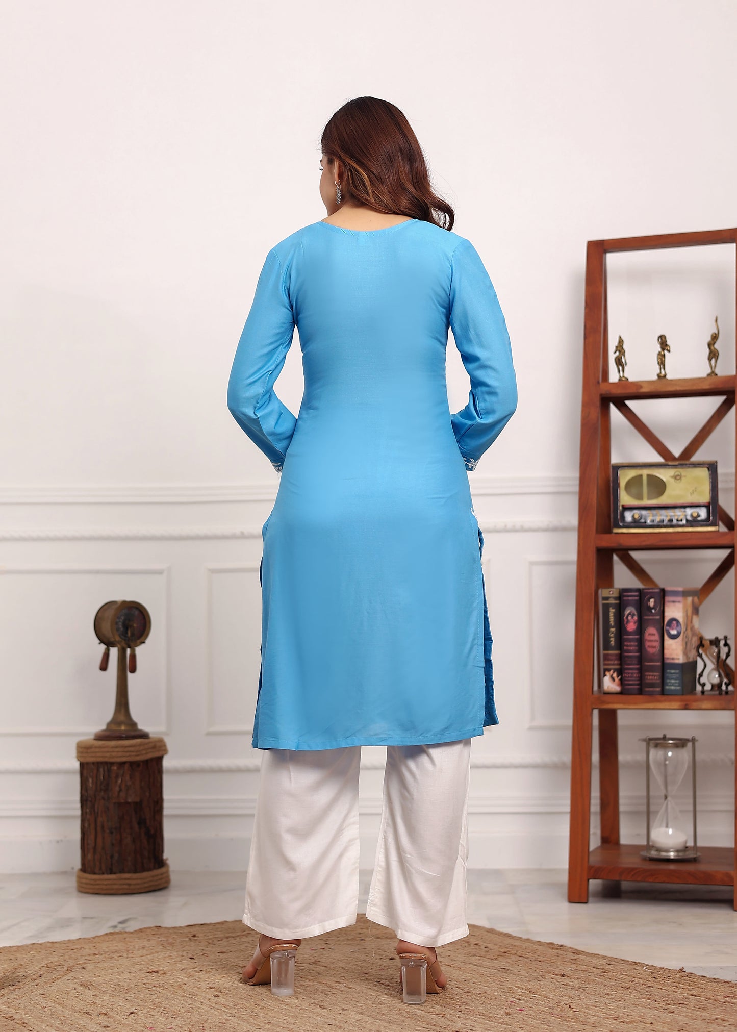 D SKY Chikan Kurta for Women Rayon Straight Chikankari Kurti And White Plazo Set