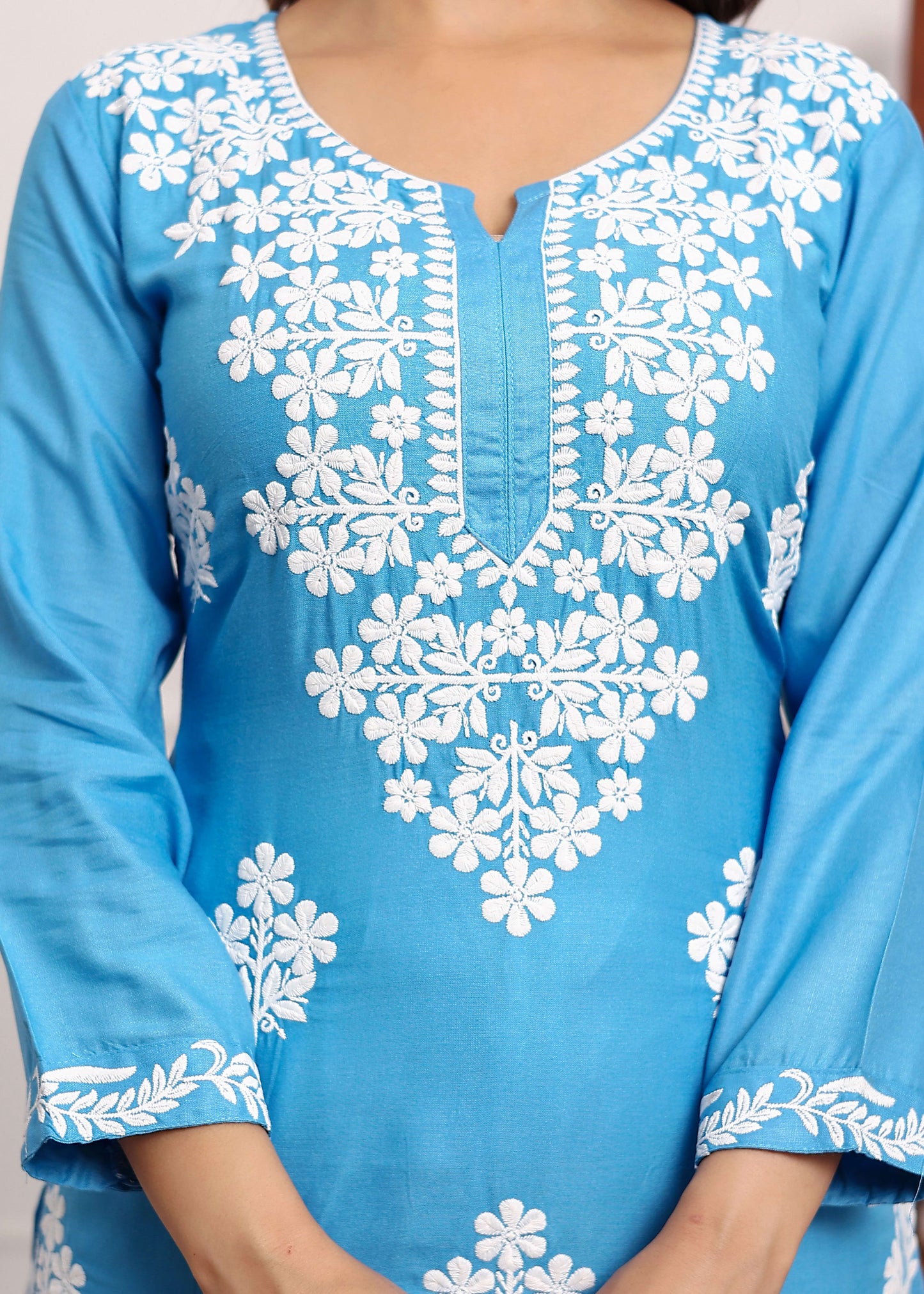 D SKY Chikan Kurta for Women Rayon Straight Chikankari Kurti And White Plazo Set