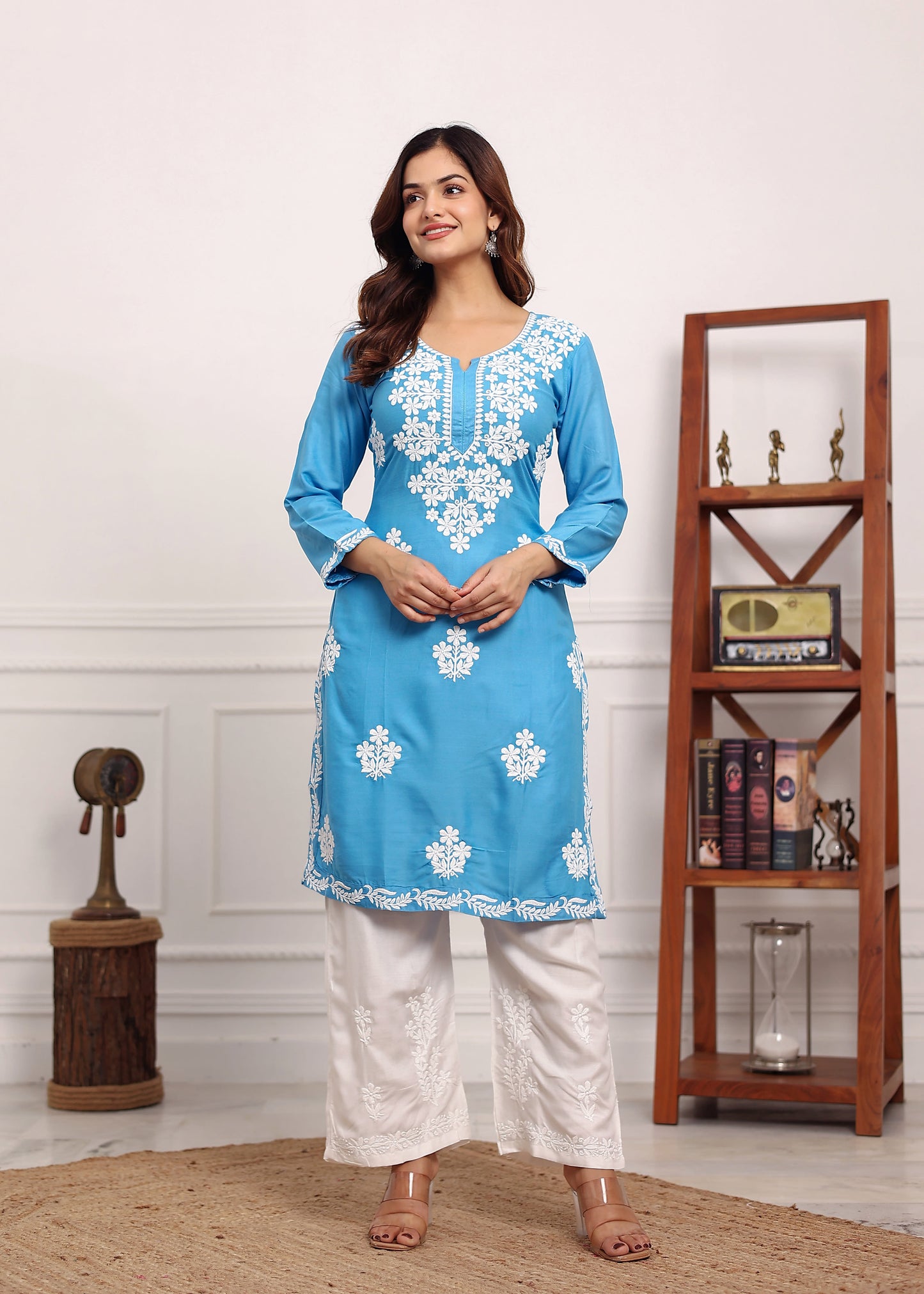 D SKY Chikan Kurta for Women Rayon Straight Chikankari Kurti And White Plazo Set