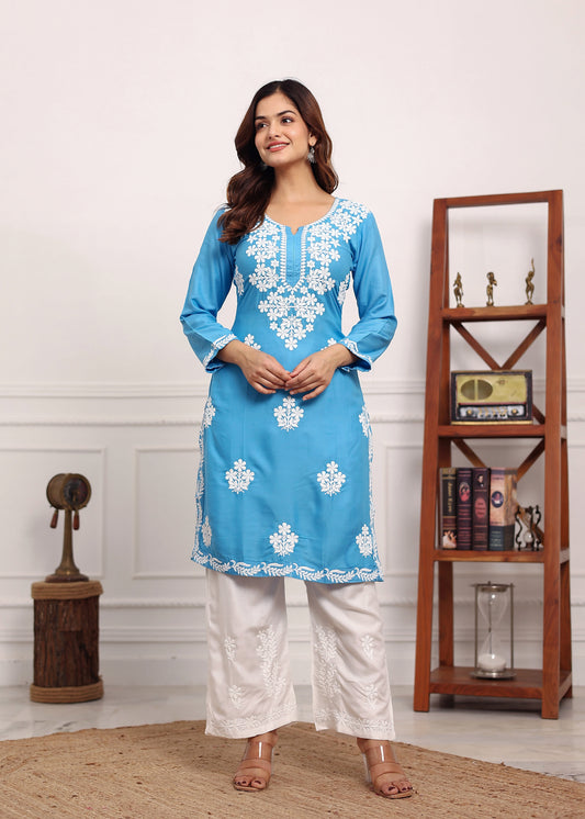 D SKY Chikan Kurta for Women Rayon Straight Chikankari Kurti And White Plazo Set