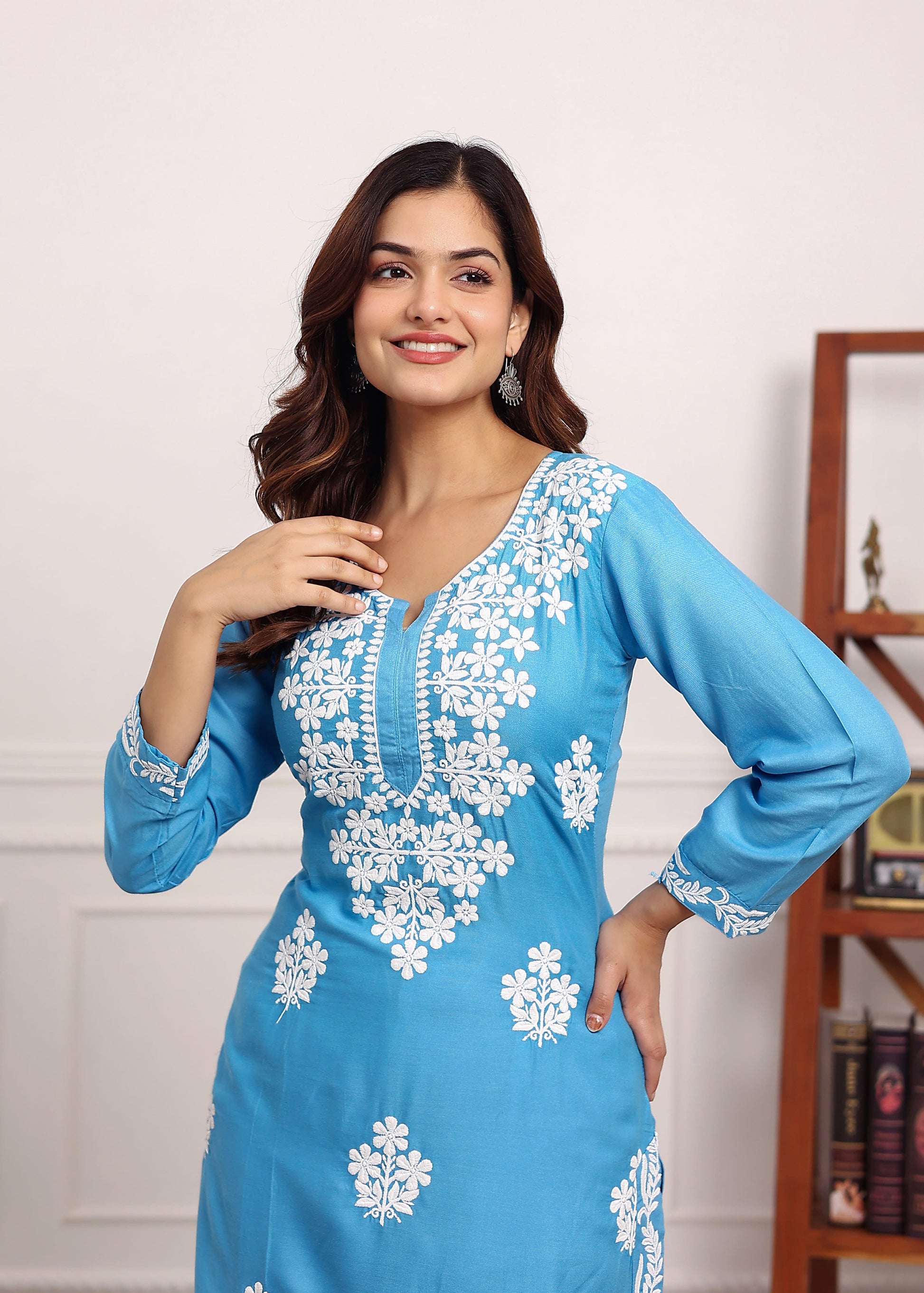 D SKY Chikan Kurta for Women Rayon Straight Chikankari Kurti And White Plazo Set