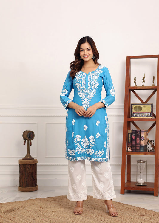 D SKY Elegant Chikankari Below Knee Length Kurti Plazo Set Perfect For All Occasion