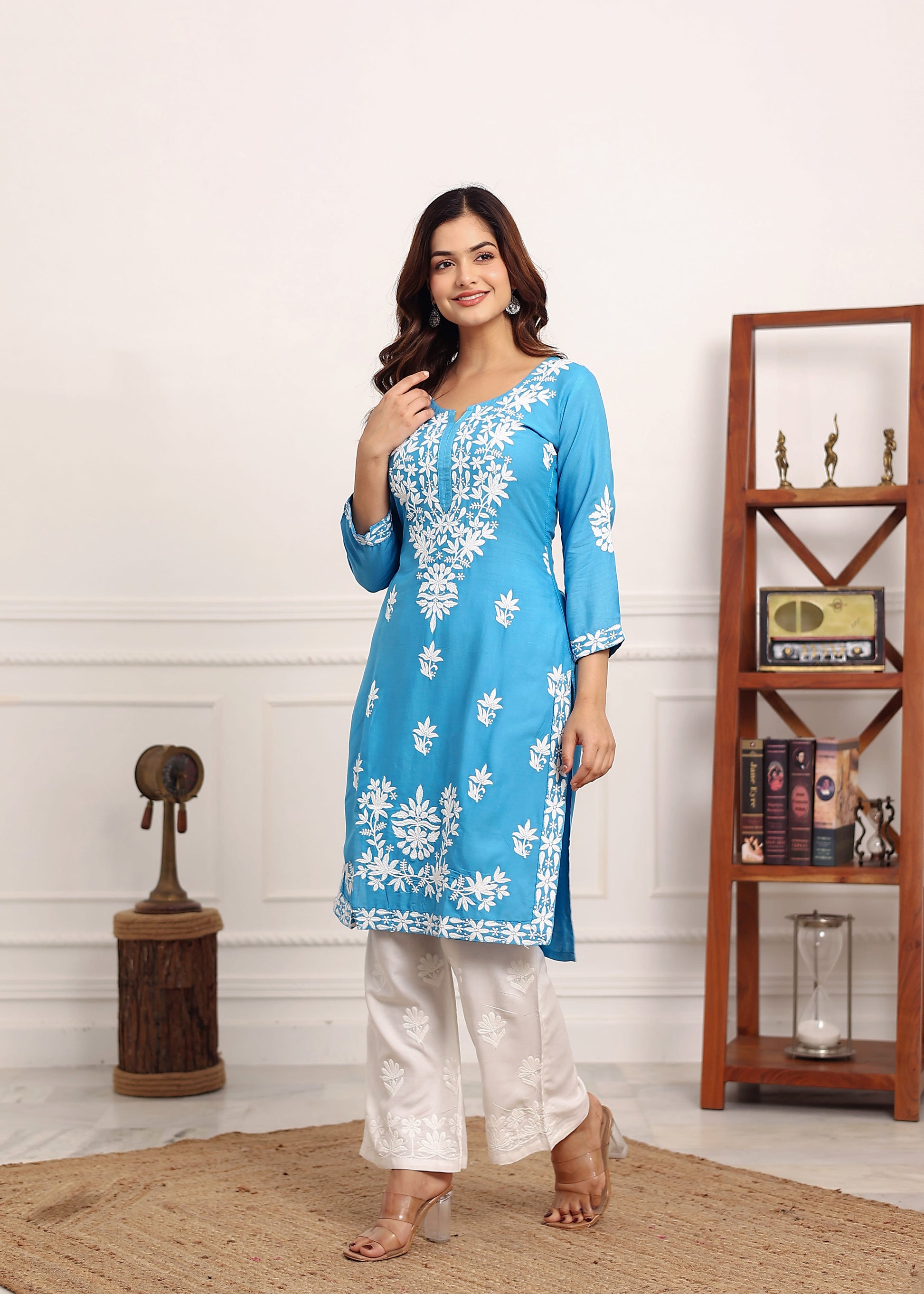 D SKY Elegant Chikankari Below Knee Length Kurti Plazo Set Perfect For All Occasion