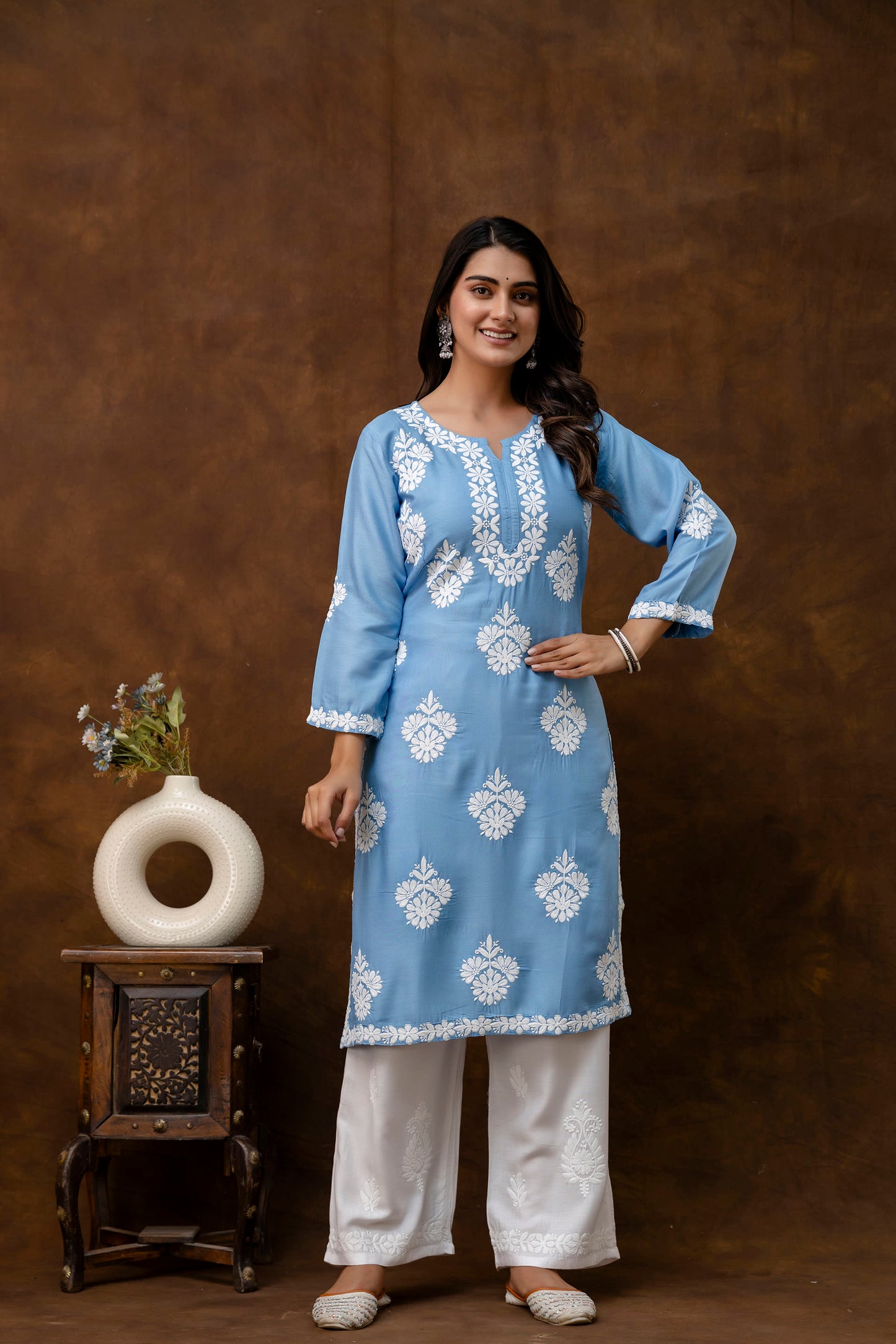 D SKY Floral Embroidered Round Neck Chikankari Straight Kurta with Palazzos