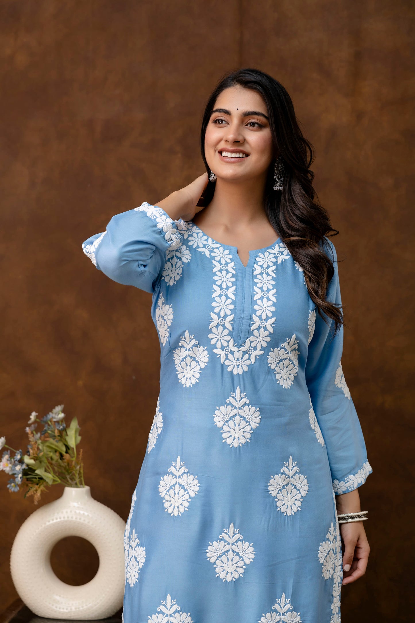 D SKY Floral Embroidered Round Neck Chikankari Straight Kurta with Palazzos
