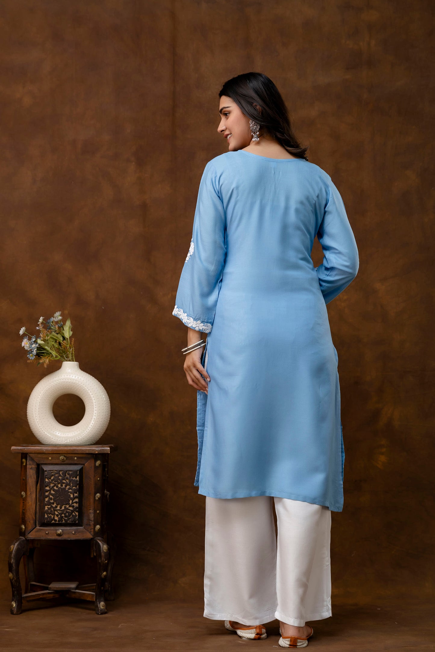 D SKY Floral Embroidered Round Neck Chikankari Straight Kurta with Palazzos