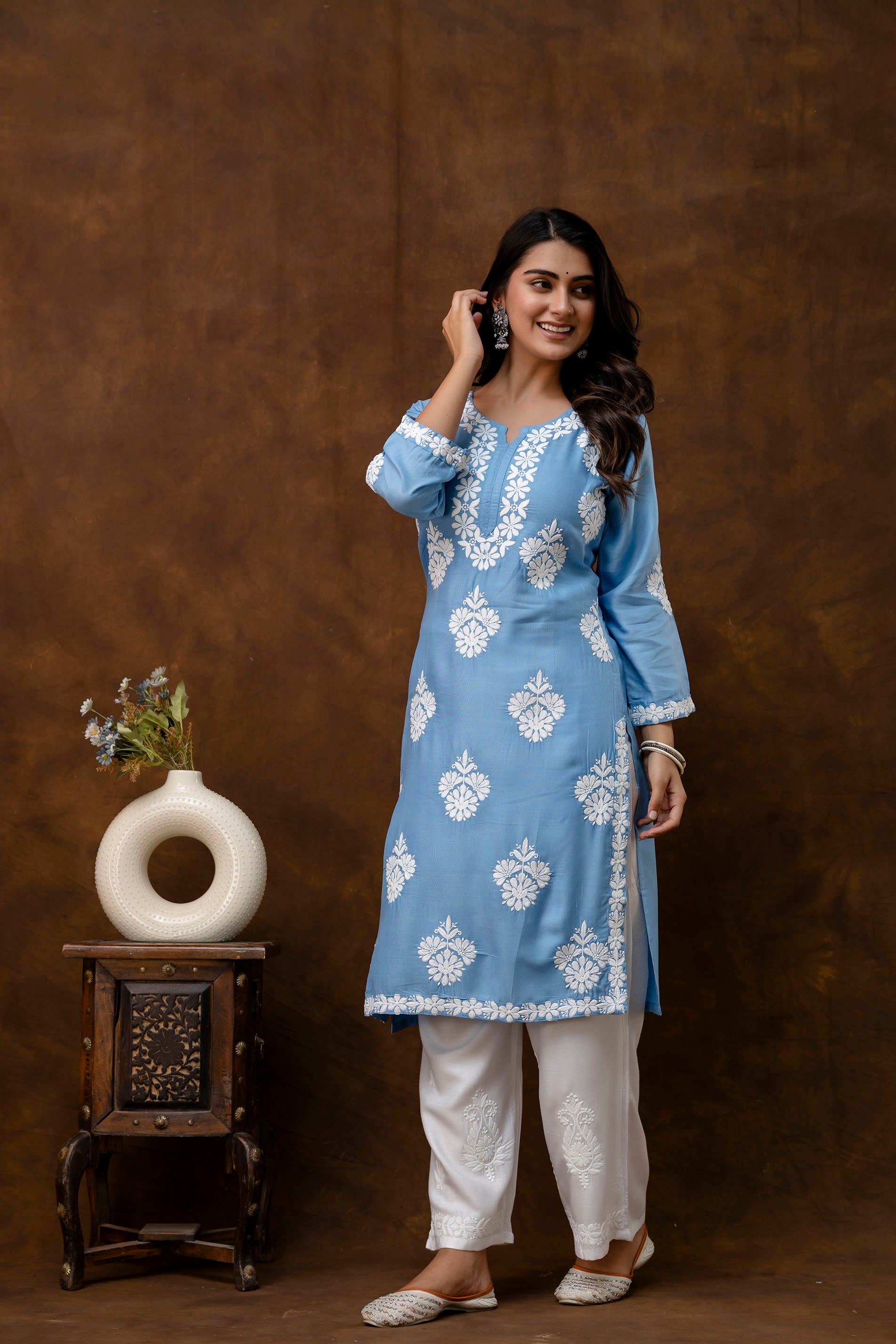 D SKY Floral Embroidered Round Neck Chikankari Straight Kurta with Palazzos