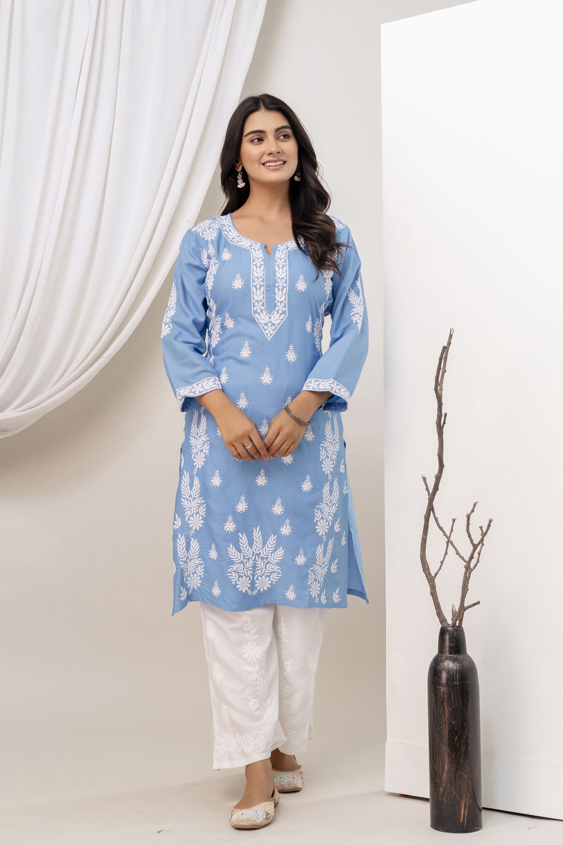 D SKY Women Embroidered Chikankari Modal Kurta Set