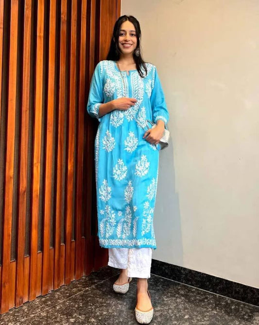 FIROJI FANCY BEAUTIFUL CHIKANKARI WORK DESIGN KURTI AND PLAZZO SET