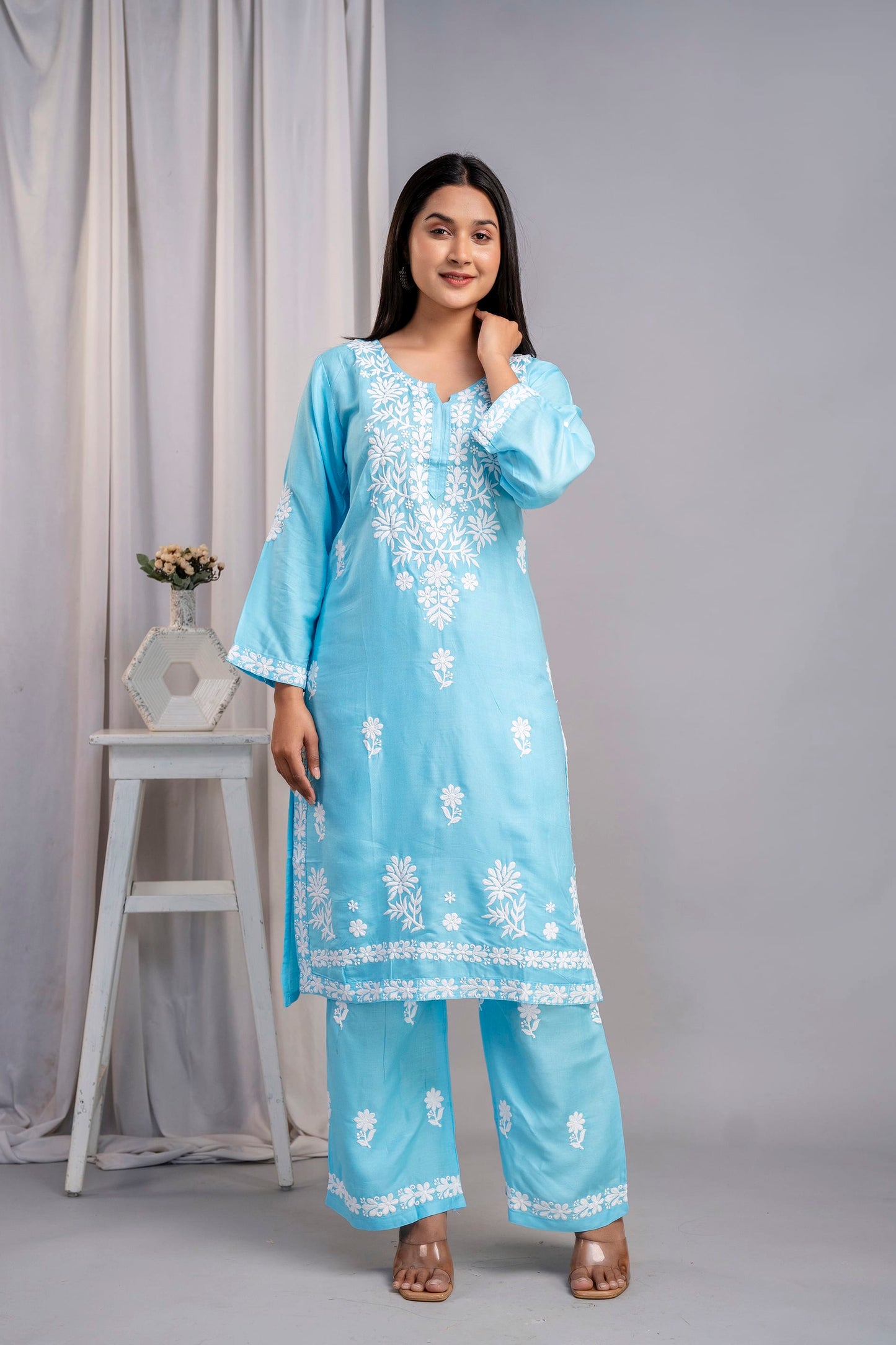 FIROJI Women's Exclusive Kurti & Palazzo Set on Pure Rayon Fabric Chikan Suit