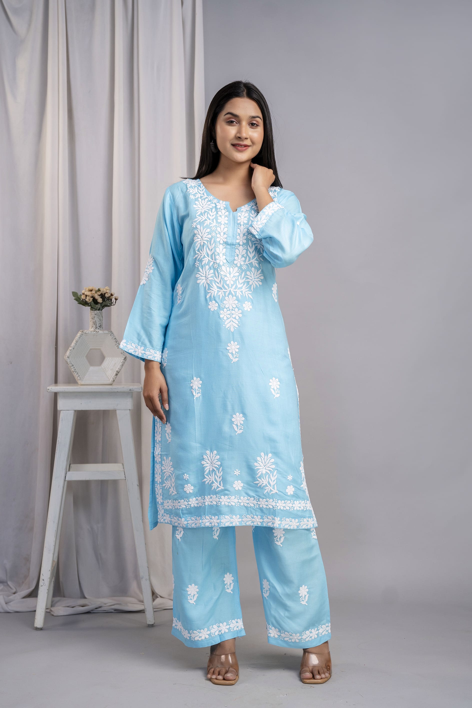 FIROJI Women's Exclusive Kurti & Palazzo Set on Pure Rayon Fabric Chikan Suit